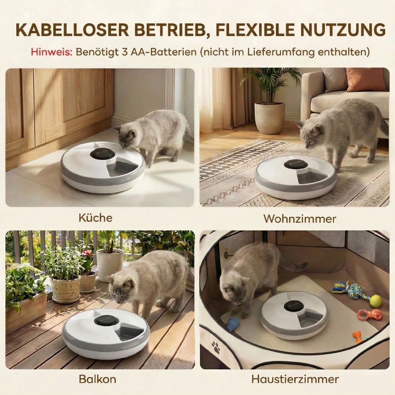 Futterautomat, automatischer kabelloser Futterspender mit Timer bis zu 6 Mahlzeiten, LED-Display, Kuhlakku
