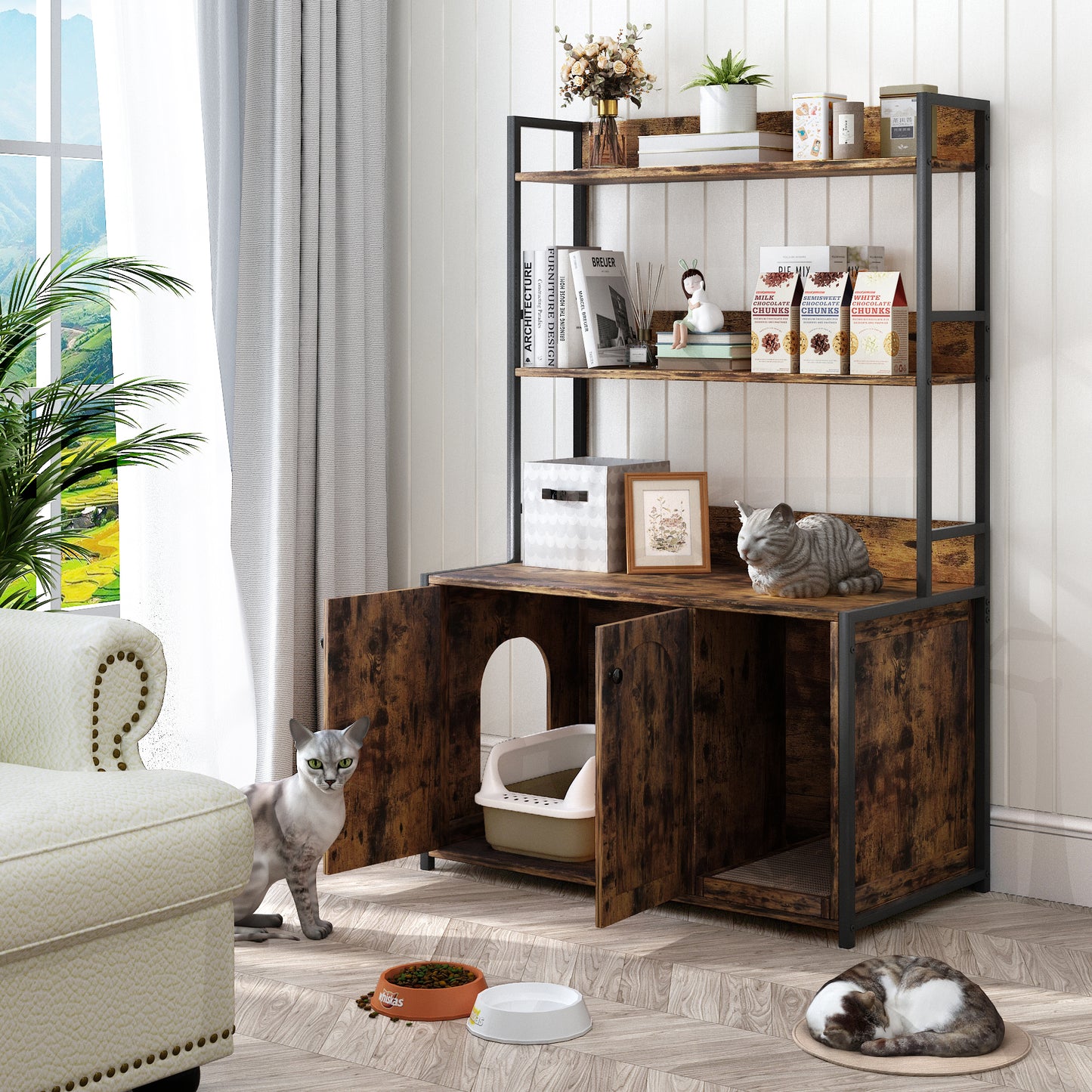 Gigab2b original image - Large Cat Litter Box Enclosure with Storage Shelf, Hidden Cat Washroom Furniture, Wooden Cat House with Scratch Pad, Sturdy Indoor Pet Cabinet with 2 Doors for Odor Control, Brown