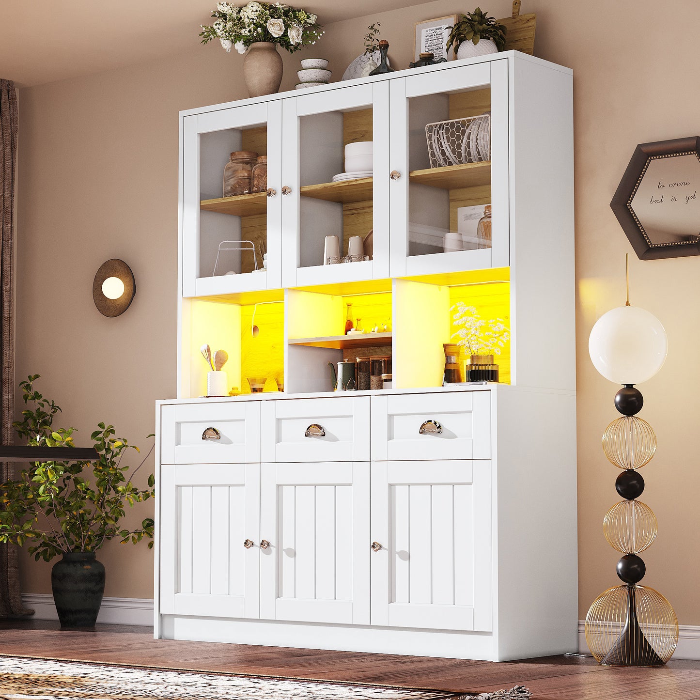 Gigab2b original image - Küchenschrank(140×40×175cm), Hochschrank Küchenbuffet, Vitrinenschrank, Buffetschrank mit Verstellbaren Ablagen, Sideboard mit LED-Beleuchtung,Variable Lichtfarben, Weiß/Schwarz