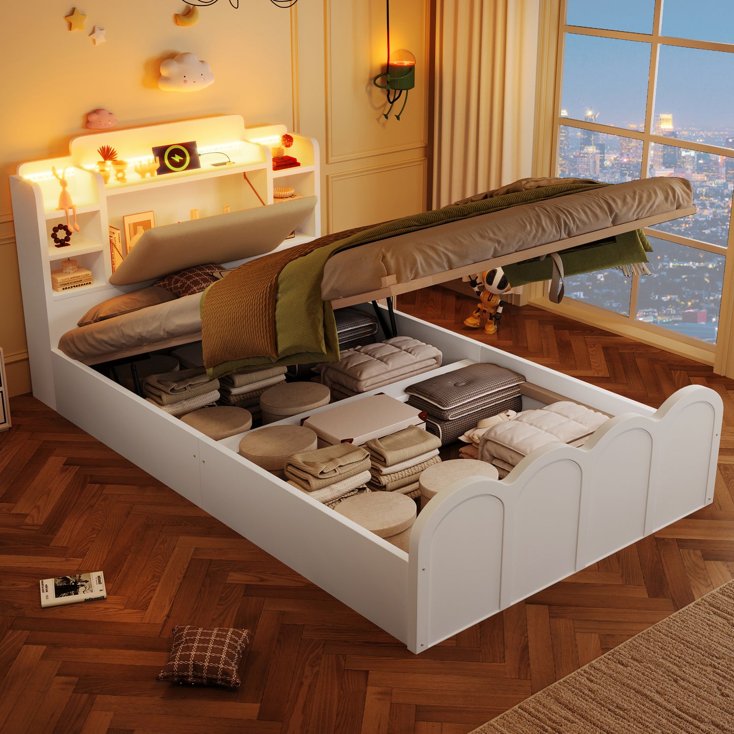 Gigab2b original image - Paneelbett , 90x200 cm, Hydraulische , Mit USB Typ-C Ladefunktion,LED-Beleuchtung, Drucktaste/Appdienung, Ohne Matratze,Flip-Top-Aufbewahrungsfach, Multifunktionale Aufbewahrung, Weiß