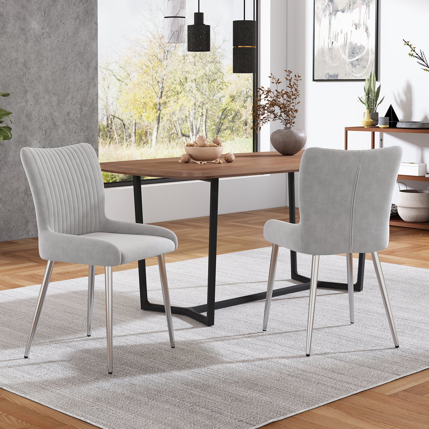 Gigab2b original image - Samt-Esszimmerstuhl, 2er-Set, luxuriös, Wohnzimmer, Schlafzimmer, Lounge-Stuhl mit vier Silberne Metallstützbeinen, Lendenwirbelstütze,Grau