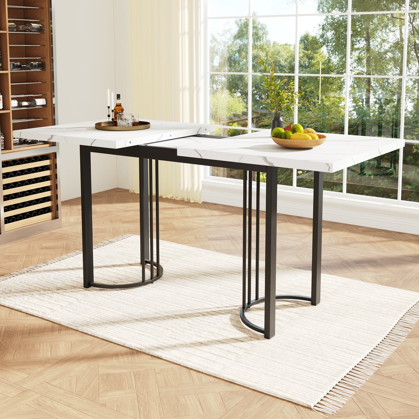 Gigab2b original image - Esstisch Teleskoptisch(140-179.5×80cm) ,Ausziehbarer Esstisch ,platzsparender Küchentisch, Gestell aus Metall Rechteckiger Esstisch für Esszimmer Wohnzimmer, Weiß/Schwarz