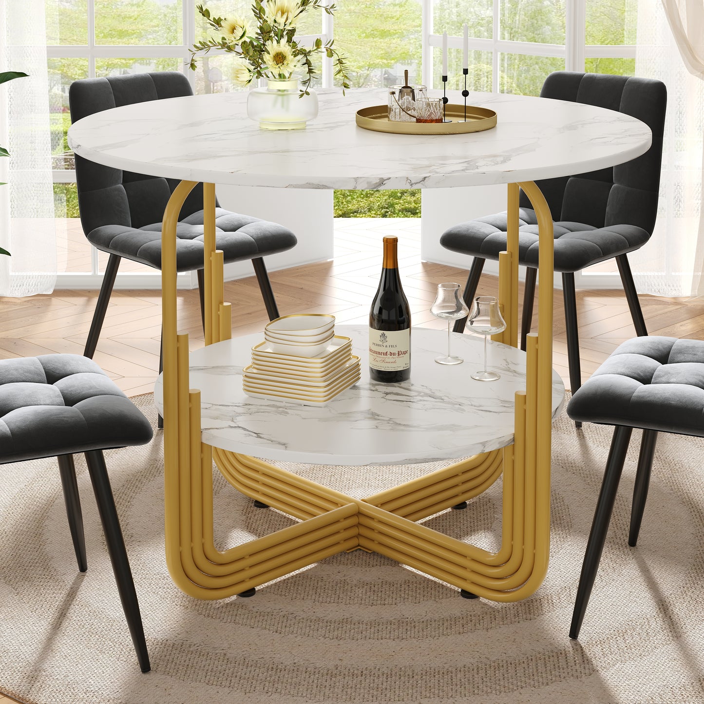 Gigab2b original image - Runder Esstisch (80×80×76cm), Küchen-Esstisch, runder Couchtisch für 4 Personen, kleine runde Platte in der Mitte zur Aufbewahrung, geeignet für Esszimmer, Wohnzimmer, MDF-Marmor-Tischplatte