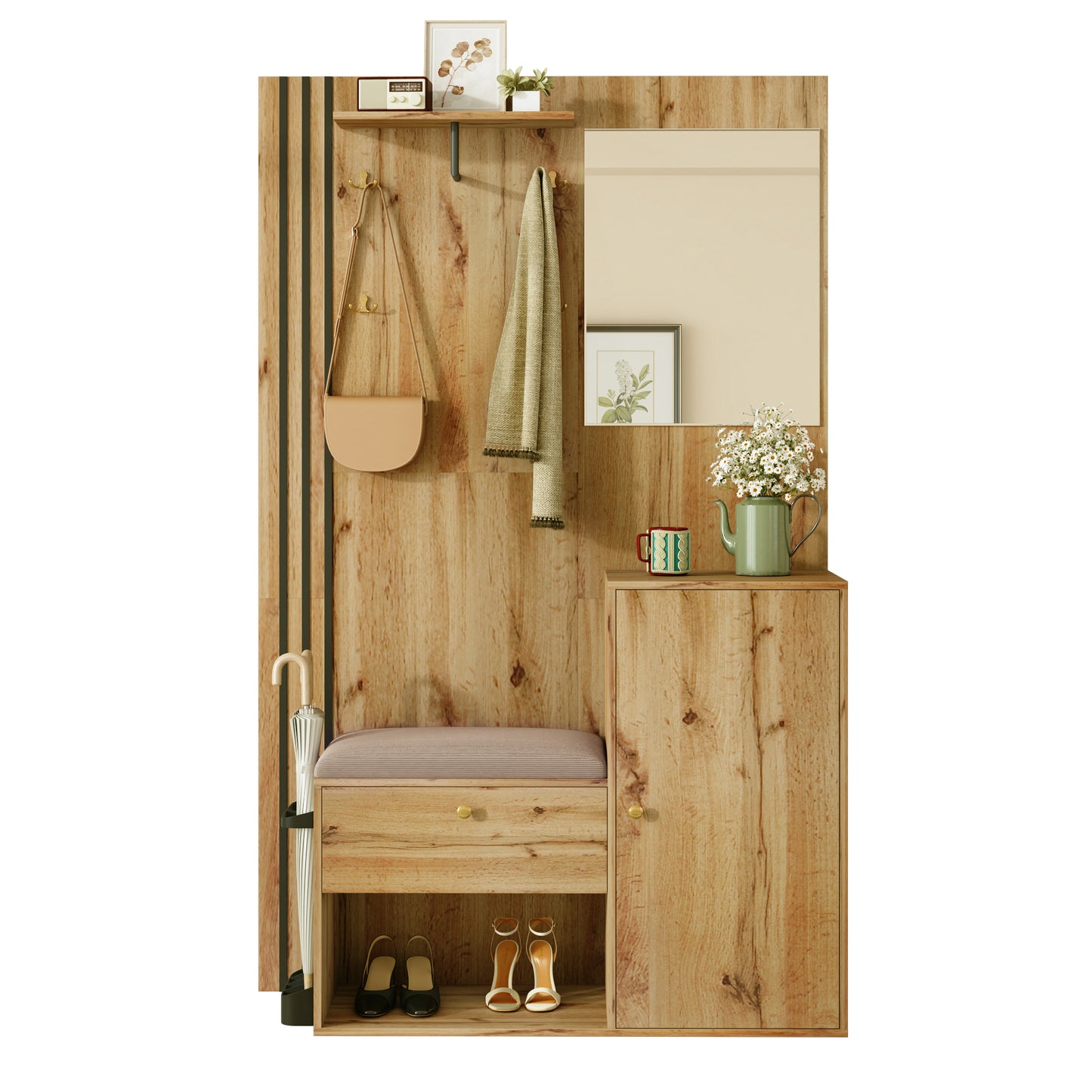 Gigab2b original image - Garderobenset, Kompaktgarderobe, Flurgarderobe mit Spiegel und Kissen, mit schwarzer Zierleiste und Schirmablage, Wohnwand, Regal, Flur- und Dielengarderobe, Schuhschrank, (B x H x T): 115 x 185 x 37