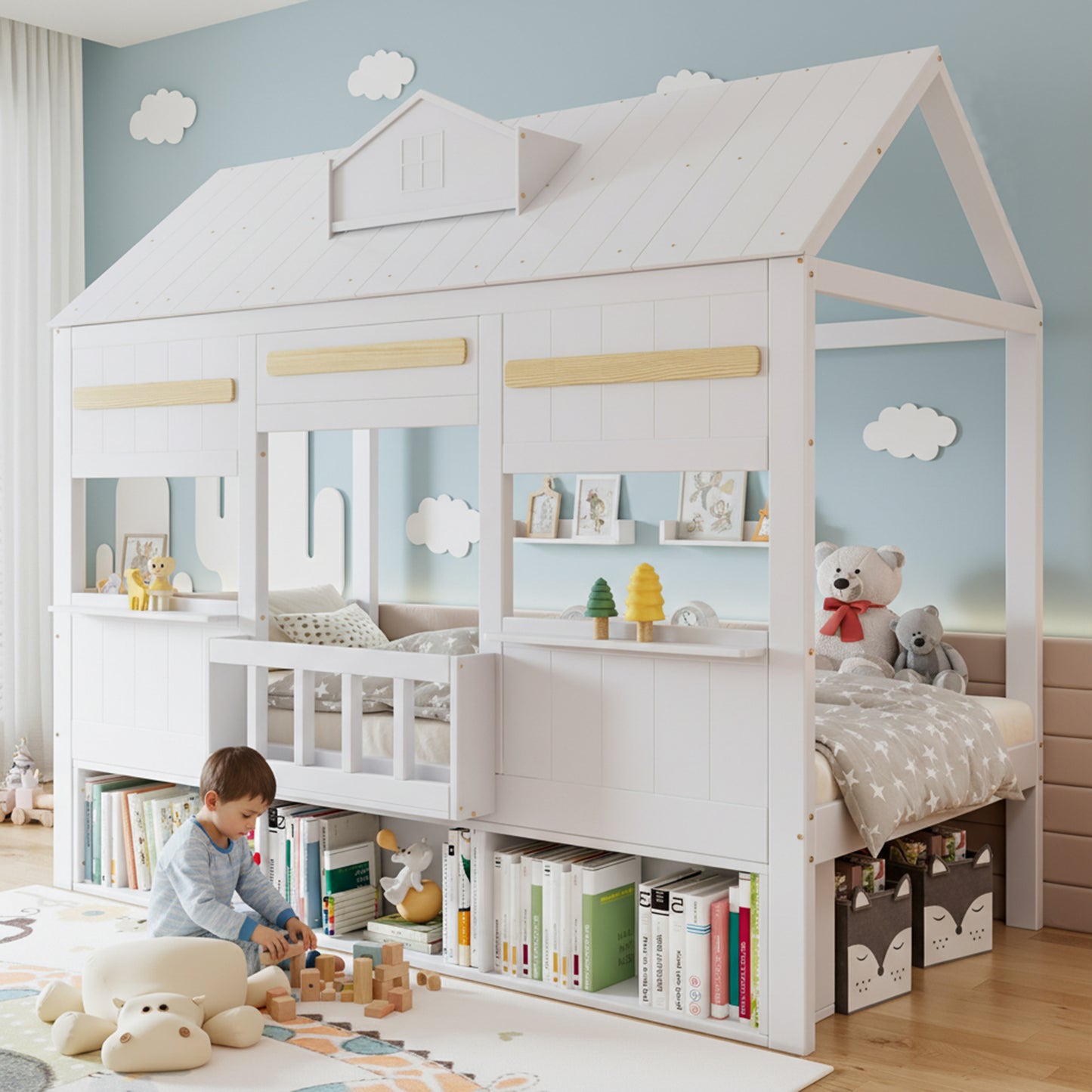 Gigab2b original image - Hochbett, Kinderbett, Feines hausförmiges Design, ZMit einer Reihe Bücherregal, Stabiler Lattenrost, Kiefer + MDF + Sperrholz, Weiß, 90x200cm