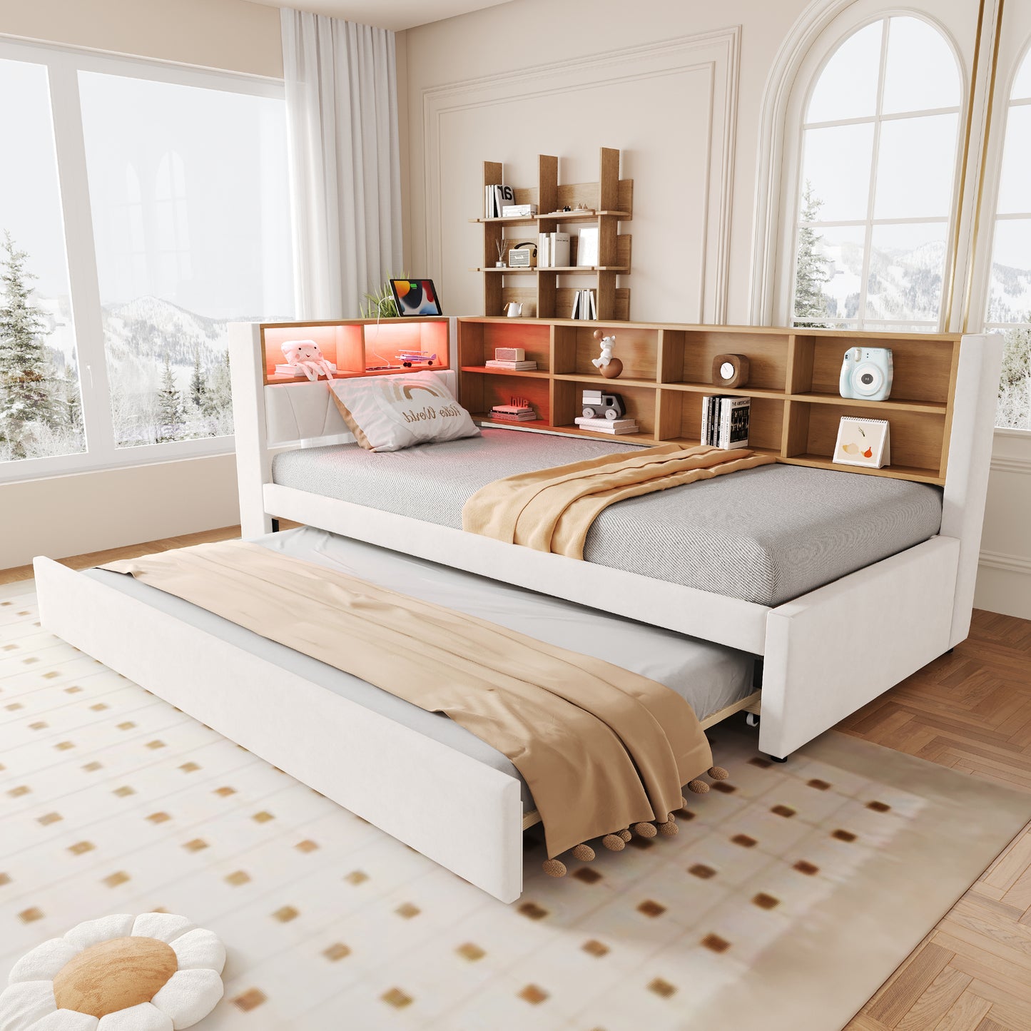 Gigab2b original image - Schlafsofa 90*200, Ausziehbett 90*190, Ausgestattet mit LED Leuchten, Steckdosen und vielen Ablagefächern, Polsterbett, Multifunktionsschlafsofa, Einzelbett, Flanell, Beige.