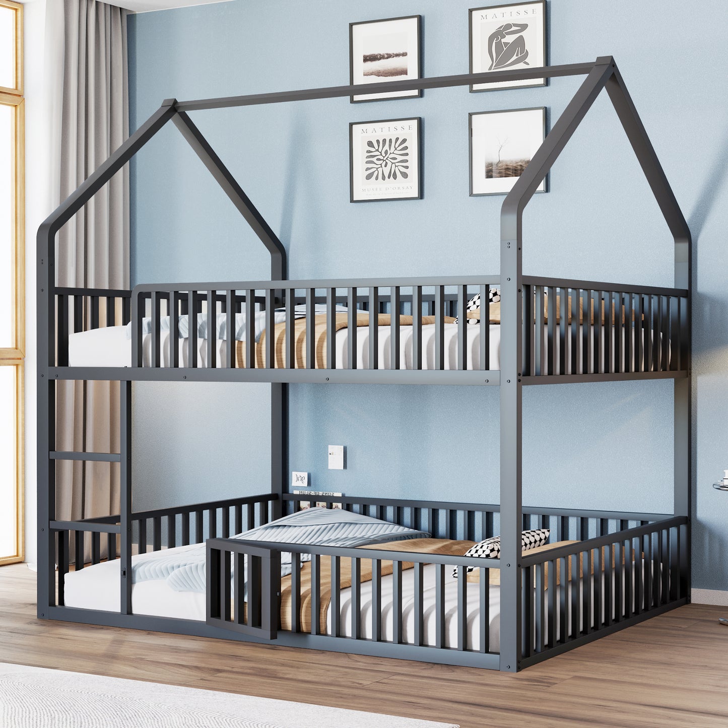 Gigab2b original image - Kinder-Etagenbett 140*200, Metall-Doppelbett, Kinder-Familienbett, Etagenbett mit Treppe, Loft-Design, Unteres Bett mit kleiner Tür zum Öffnen und Schließen, Schwarz
