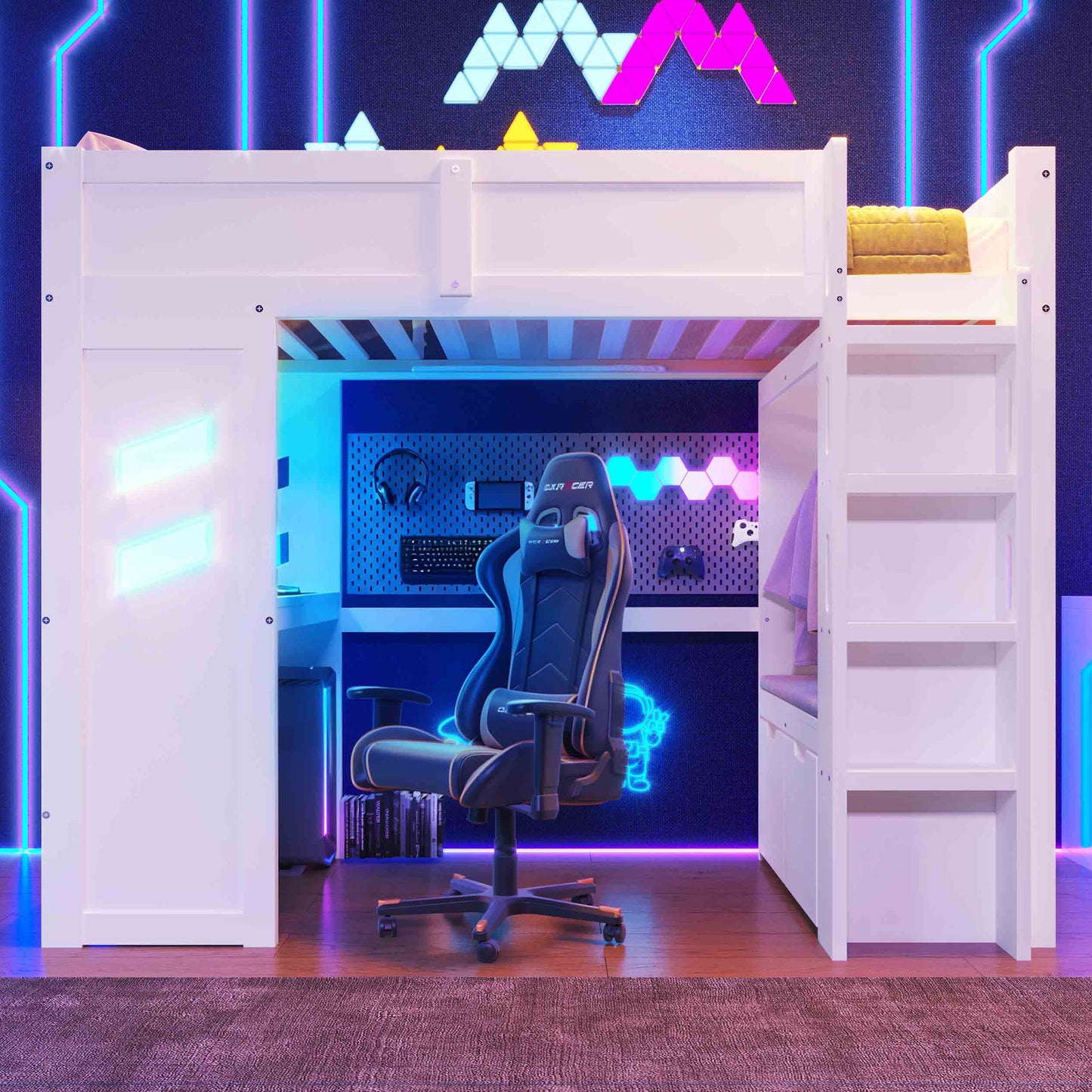 Gigab2b original image - Hochbett, 90x200cm, Gaming Bett mit Schreibtisch, Mit LED-Leuchten, 1 USB-Anschlüssen, 1 Typ-C ausgestattet, Leiter, Schreibtisch, Schublade, Wäscheständer,ohne Matratze, Weiß
