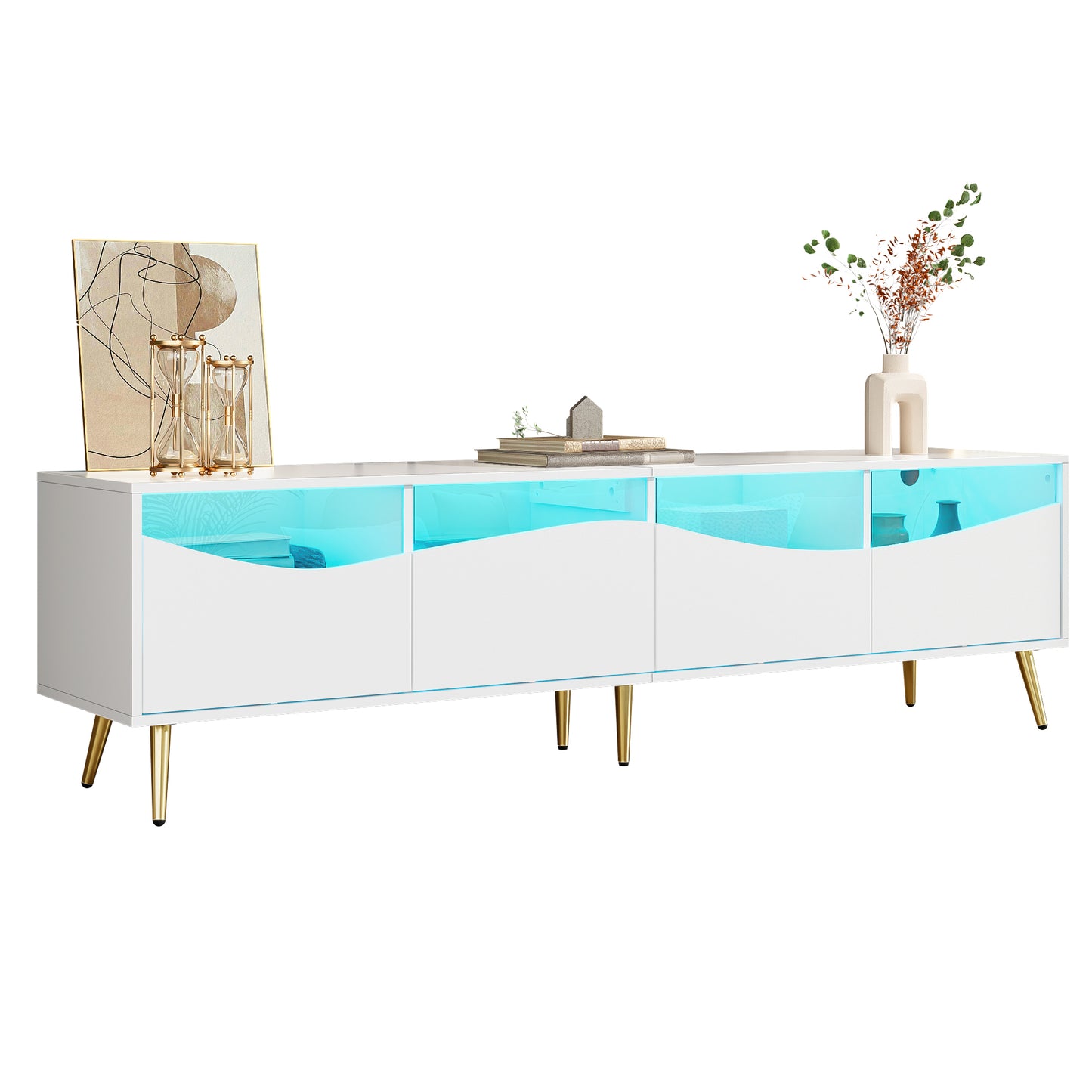Gigab2b original image - Moderner TV-Schrank 180 x 40 x 50 cm mit LED-Beleuchtung, weißem Korpus, goldenen Metallfüßen, Glasfront & Stauraum – stilvolles Lowboard für Wohnzimmer
