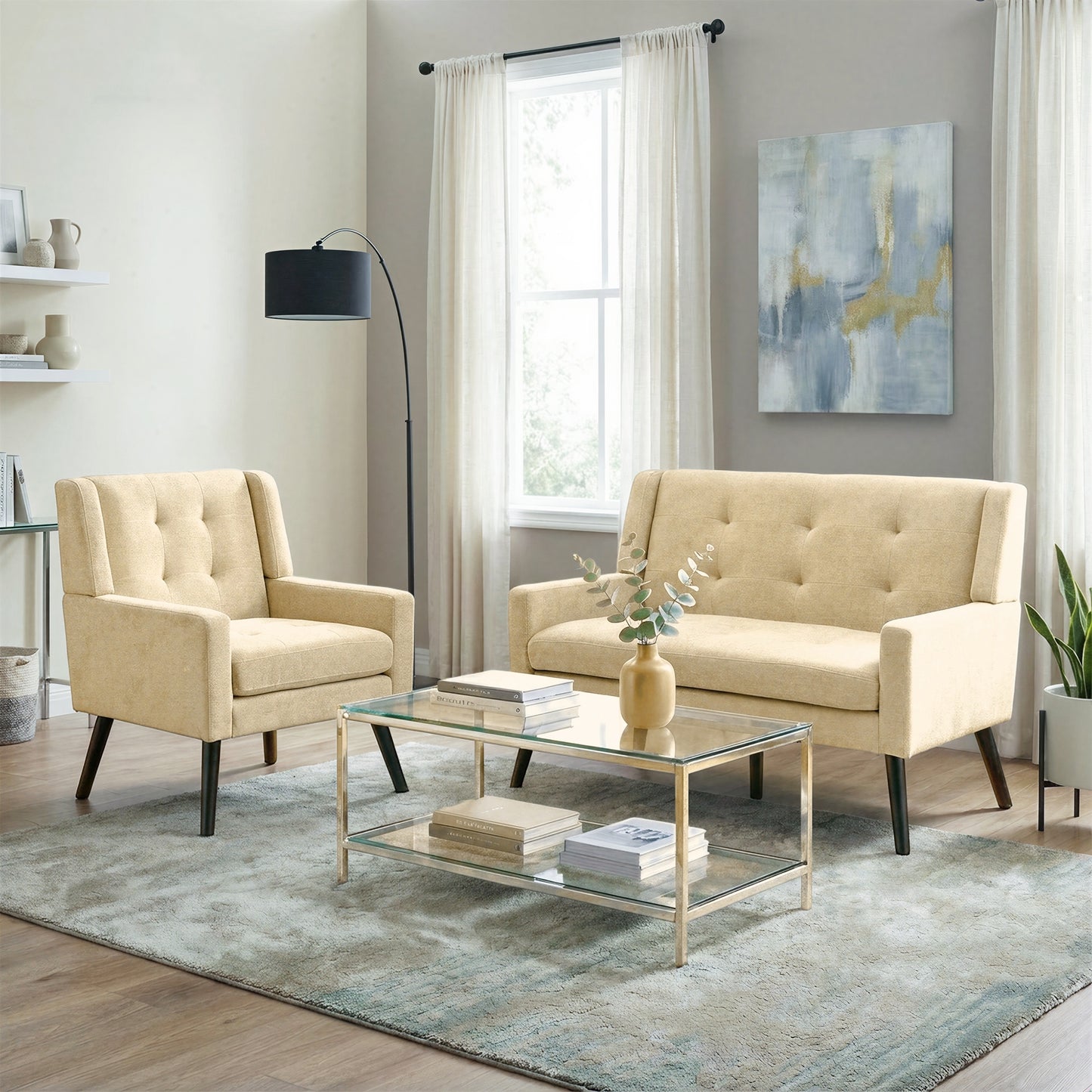 2-teilige Accent-Sessel-Set (Einzel- & Doppel-Sessel) – Hochdichtschaum-Polster, hautfreundliches und langlebiges Gewebe, Massivholzbeine mit bodenschützenden Pads für Wohnzimmer und Home Office