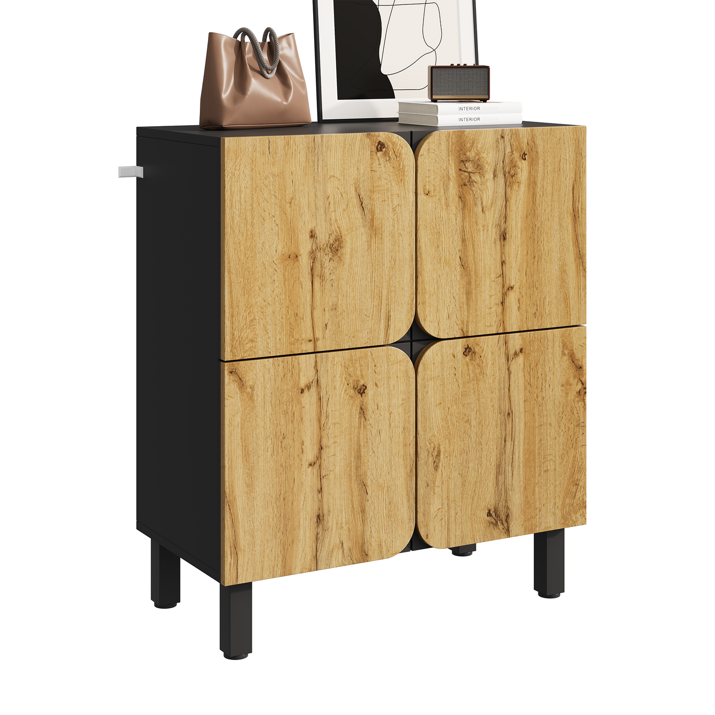 Dieser einzigartig gestaltete Schuhschrank verfügt über vier Türen, verstellbare Einlegeböden, schwarze Eisenbeine und gebogene Türen.
