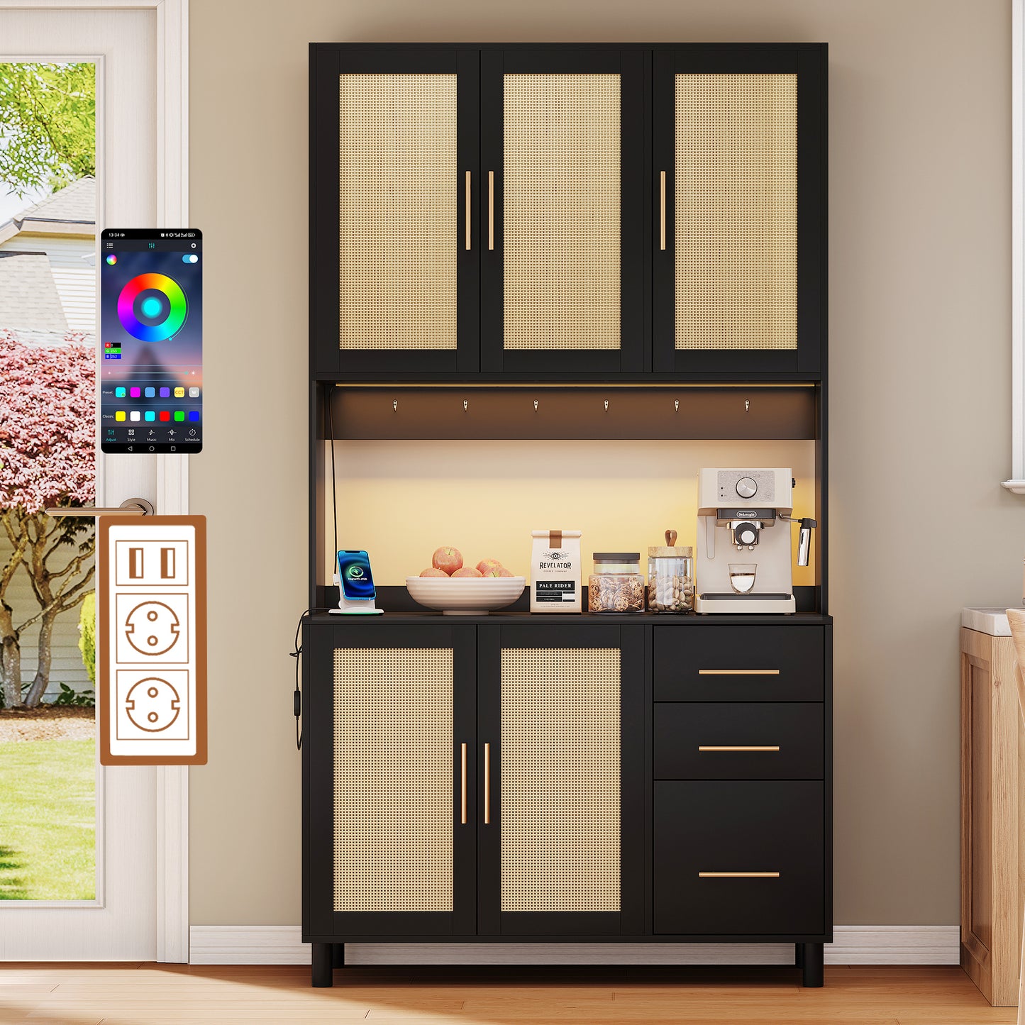 183cm Küchenanrichte, Buffet, App-gesteuerte LED-Deko-Lichter, 2 x USB, 2 x Steckdosen, verstellbare Einlegeböden, 3 Schubladen, goldene Metallgriffe, ideal für Küchen und Esszimmer.