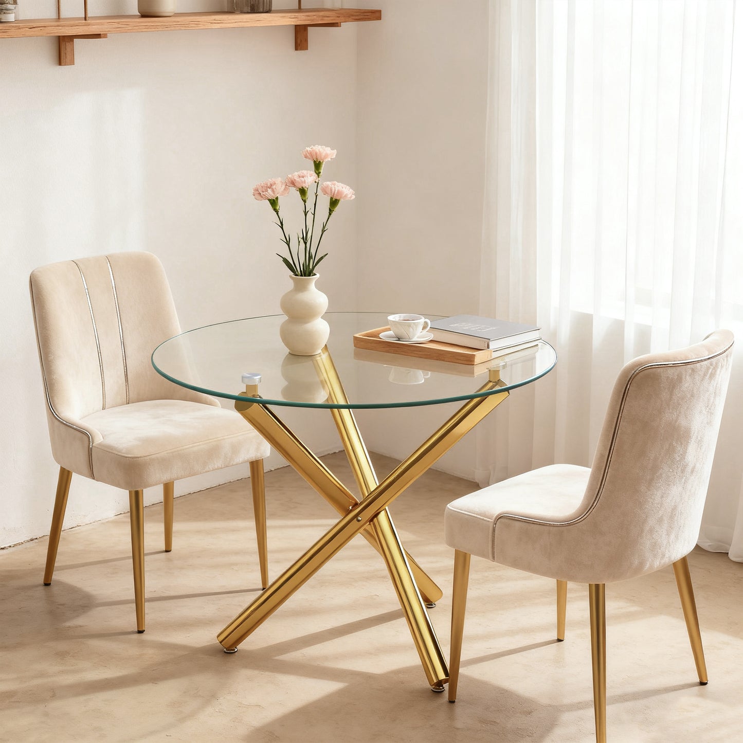 Gigab2b original image - Runder Esstisch mit Platte aus gehärtetem Glas und goldfarbenen Beinen, Couchtisch, moderner minimalistischer Esstisch, 80 × 80 × 76 cm