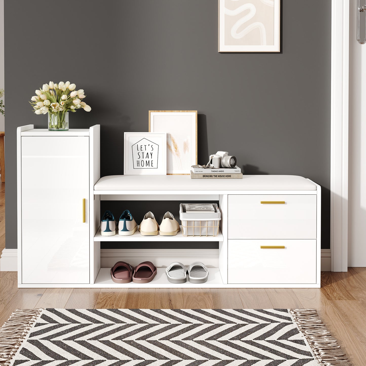 128*30*68cm Schuhschrank Schuhregal mit 2 Schubladen 1 Schrank, Hochglanz Schuhbänke Sitzbänke mit gepolsterter und Stauraum, Geeignet für Wohnzimmer, Flur, Büro, weiß