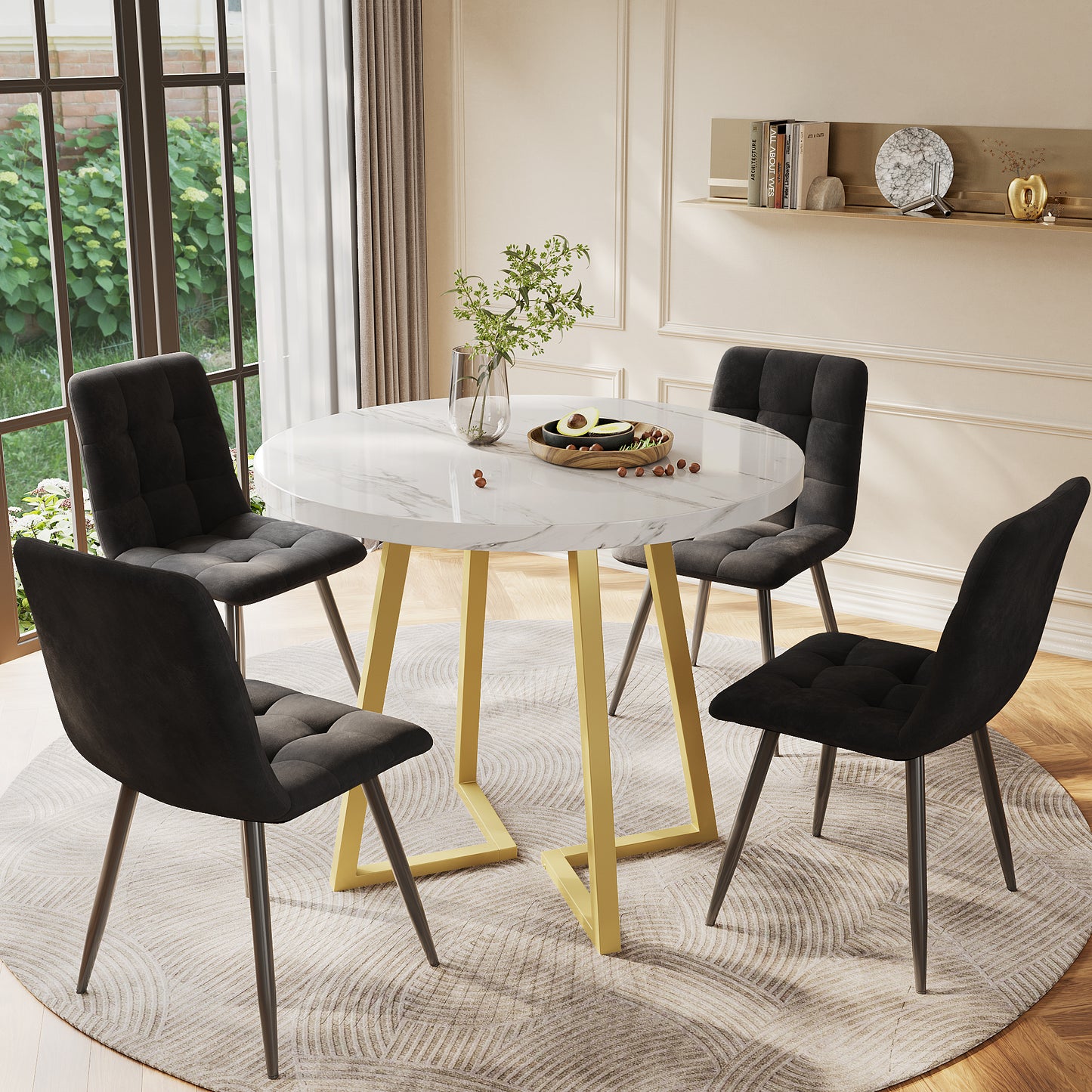 Gigab2b original image - Esstisch-Set (5-teilig), modernes Esstisch-Set mit 4 Stühlen, Küchentisch-Set, runder Küchentisch mit 80 cm Durchmesser und goldenen Metallbeinen, weiße MDF-Tischplatte, schwarze Samtstühle