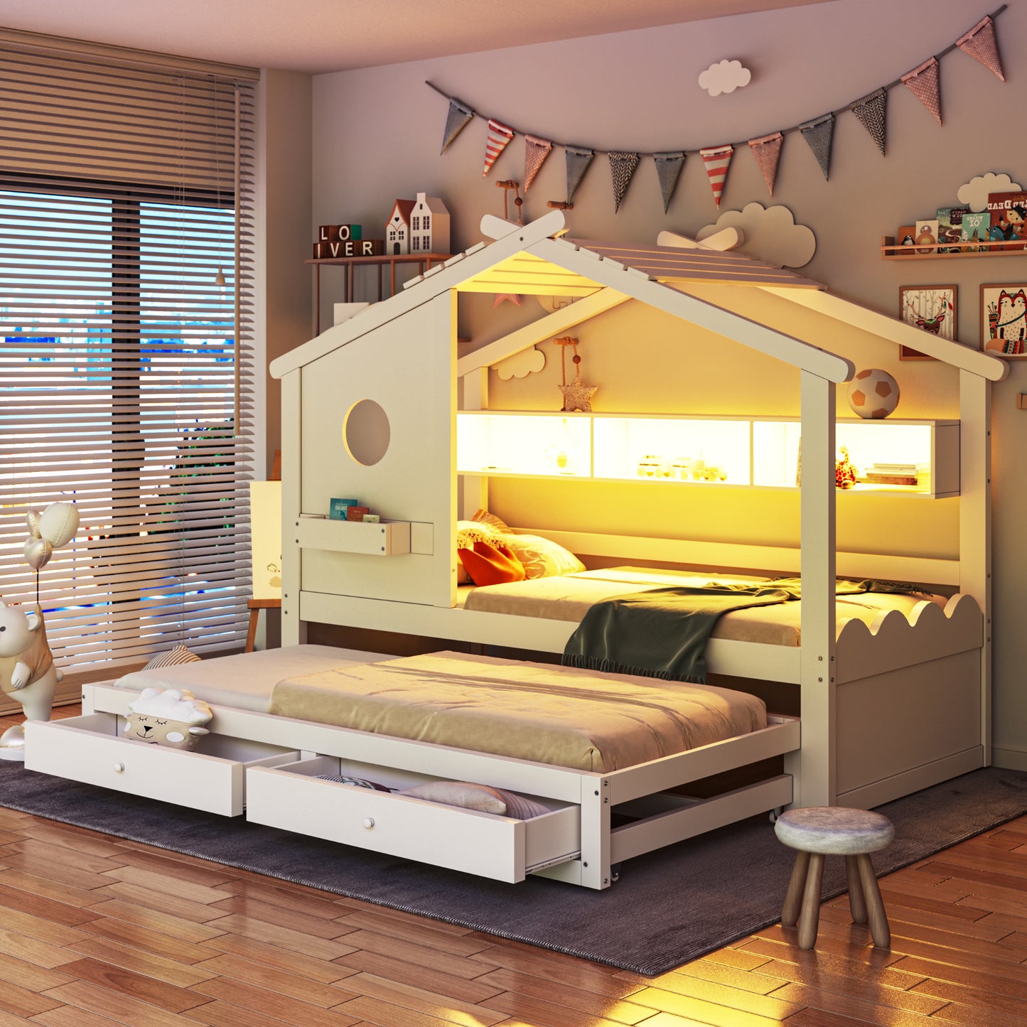Gigab2b original image - Kinderbett 90*200, mit Ausziehbett 90*190, Hausförmiges Design,mit zwei Schubladen,mit USB- und Typ-C-Ladeanschlüssen und LED, mit Einlegeböden,Multifunktionsbett,Weiß