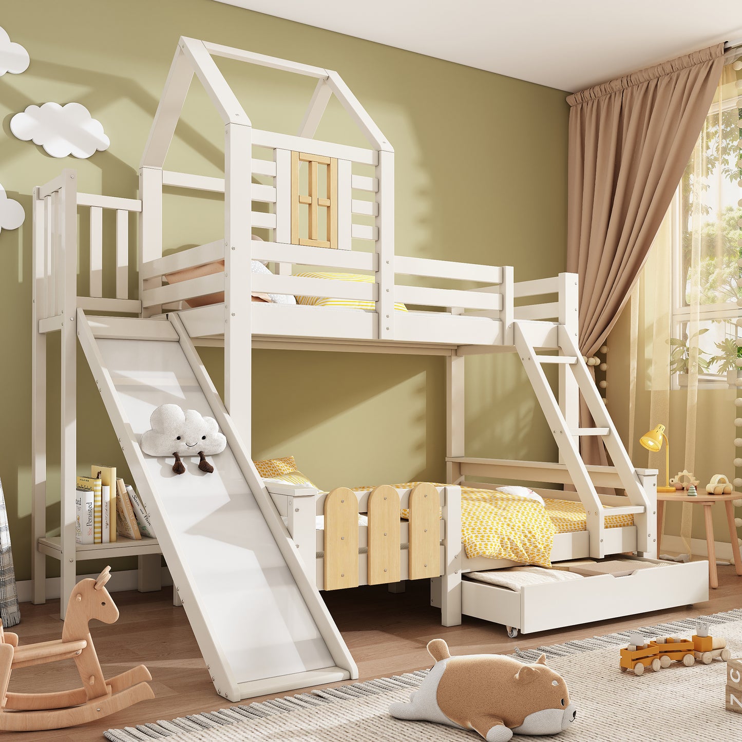 Gigab2b original image - Etagenbett Bett 90x200 & 140x200 cm, Hausbett mit Schublade Rutsche und Leiter, Kinderbett Hochbett mit Lattenrost, Blockhaus-Design, EN747-1:2024 Sicherheit(Ohne Matratze)
