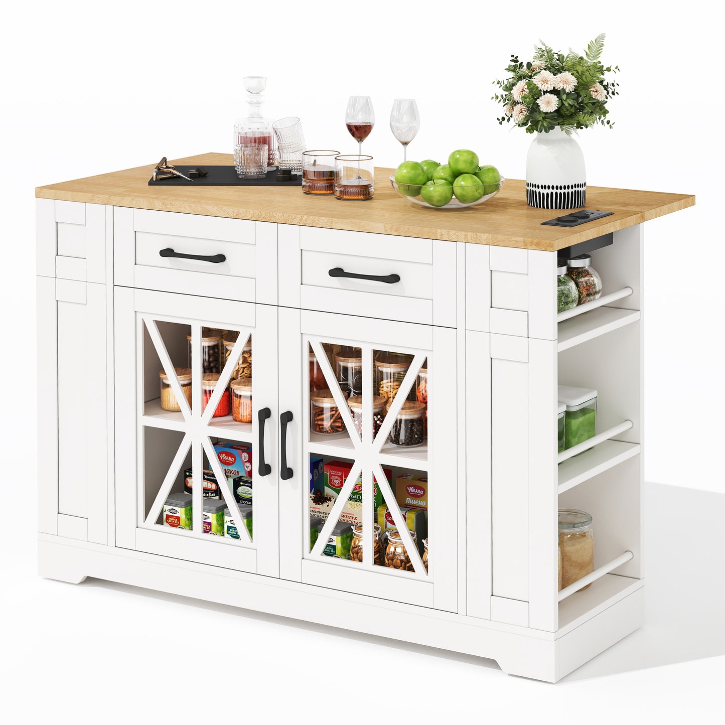 120cm tragbare Kücheninsel mit klappbarem Esstisch, offener Ablage, AC-Anschluss, USB-Anschluss, Glastür, verstellbares Laminat, Rollen mit Bremsen für Küche, Esszimmer, Wohnzimmer und mehr.