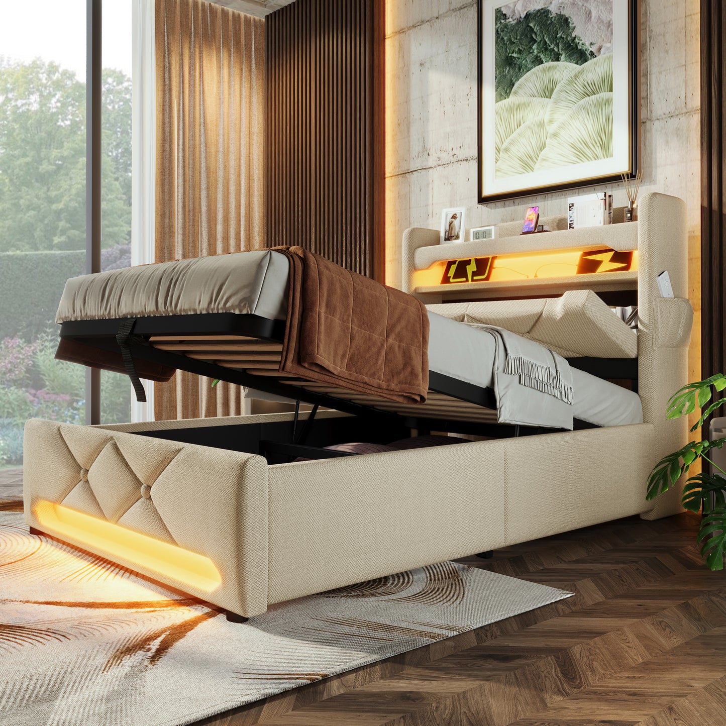 Gigab2b original image - Polsterbett Einzelbett 90*200, Stauraum Kopfteil mit USB und Typ C-Port ,360-Surround-LED-Funktion rund um Kopf- und Fußende des, Betten mit Hydraulisch Stauraum, Beige , Leinen(Ohne Matratze)