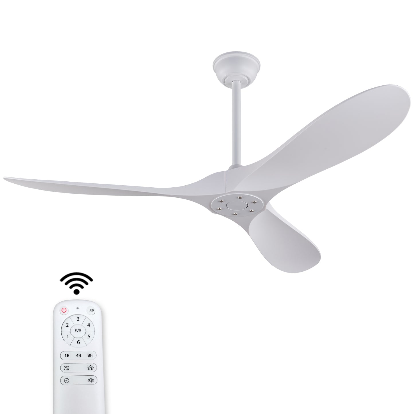 52-Zoll weißer Deckenventilator ohne Licht mit Fernbedienung, ABS-Flügeln, reversiblem Gleichstrommotor, Timer-Funktion, moderner Innen- und Außen-Deckenventilator für Schlafzimmer, Wohnzimmer, Terras