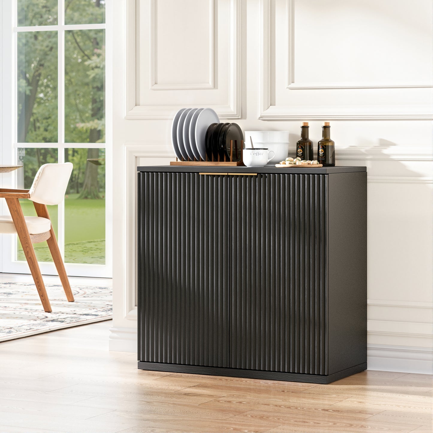 Gigab2b original image - Moderner Aufbewahrungsschrank mit Faltenfront und Metallgriff, Multifunktionaler Sideboard Schrank für Wohnzimmer & Schlafzimmer, Natur Hellholz Dekor, Schwarz, 60x30x70 cm