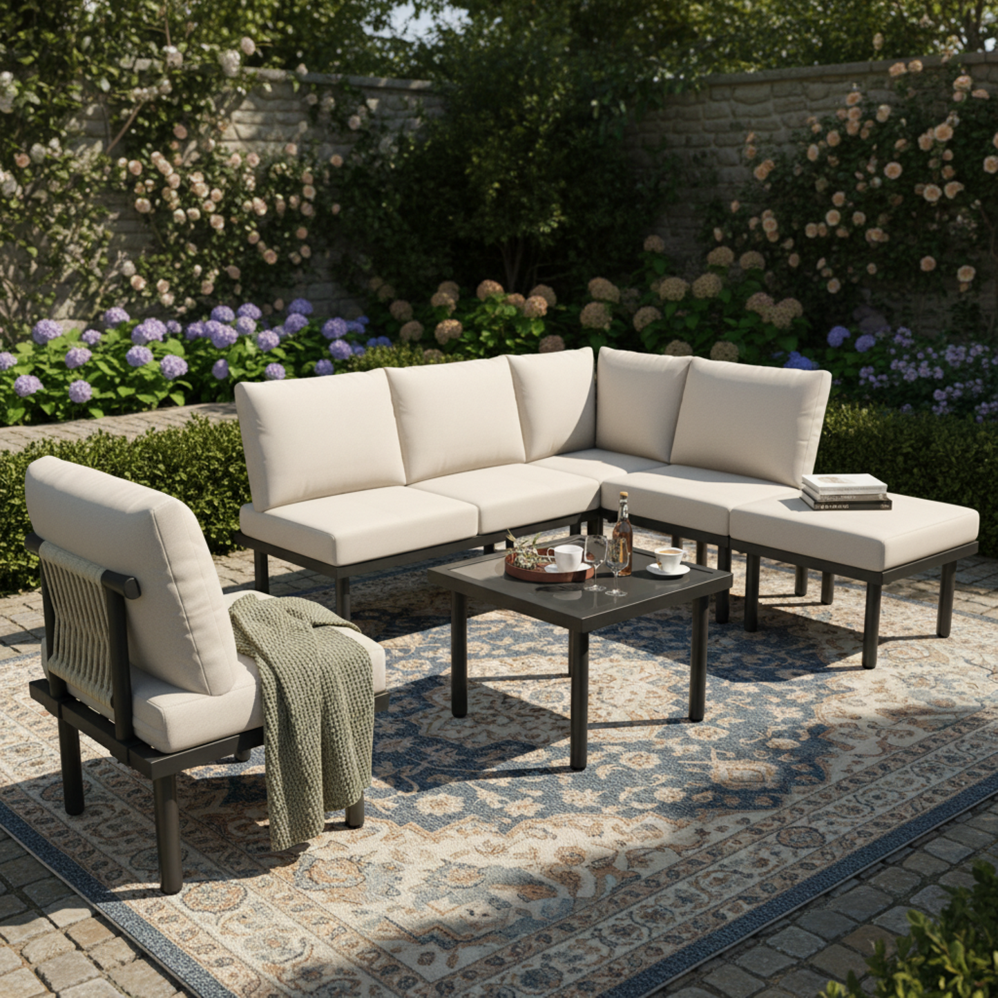 Gigab2b original image - Garten-Loungesessel-Set mit verzinktem Eisenrahmen, 6er-Set, Gartenmöbel-Set aus Seil, beige geflochtenes Seil, verstellbare Füße, glatte Glastischplatte, inkl. aller Sitz- und Rückenkissen, beige