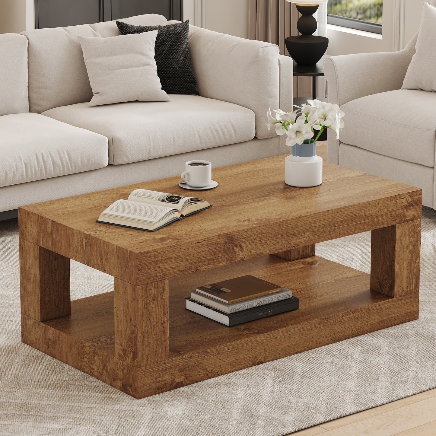 Gigab2b original image - Moderner 2-stufiger Couchtisch für Wohnzimmermöbel, rechteckiger Mitteltisch mit offenem Lageregal. Der doppelschichtige Couchtisch besteht aus MDF-Material. Stabil und langlebig, einfache Montage