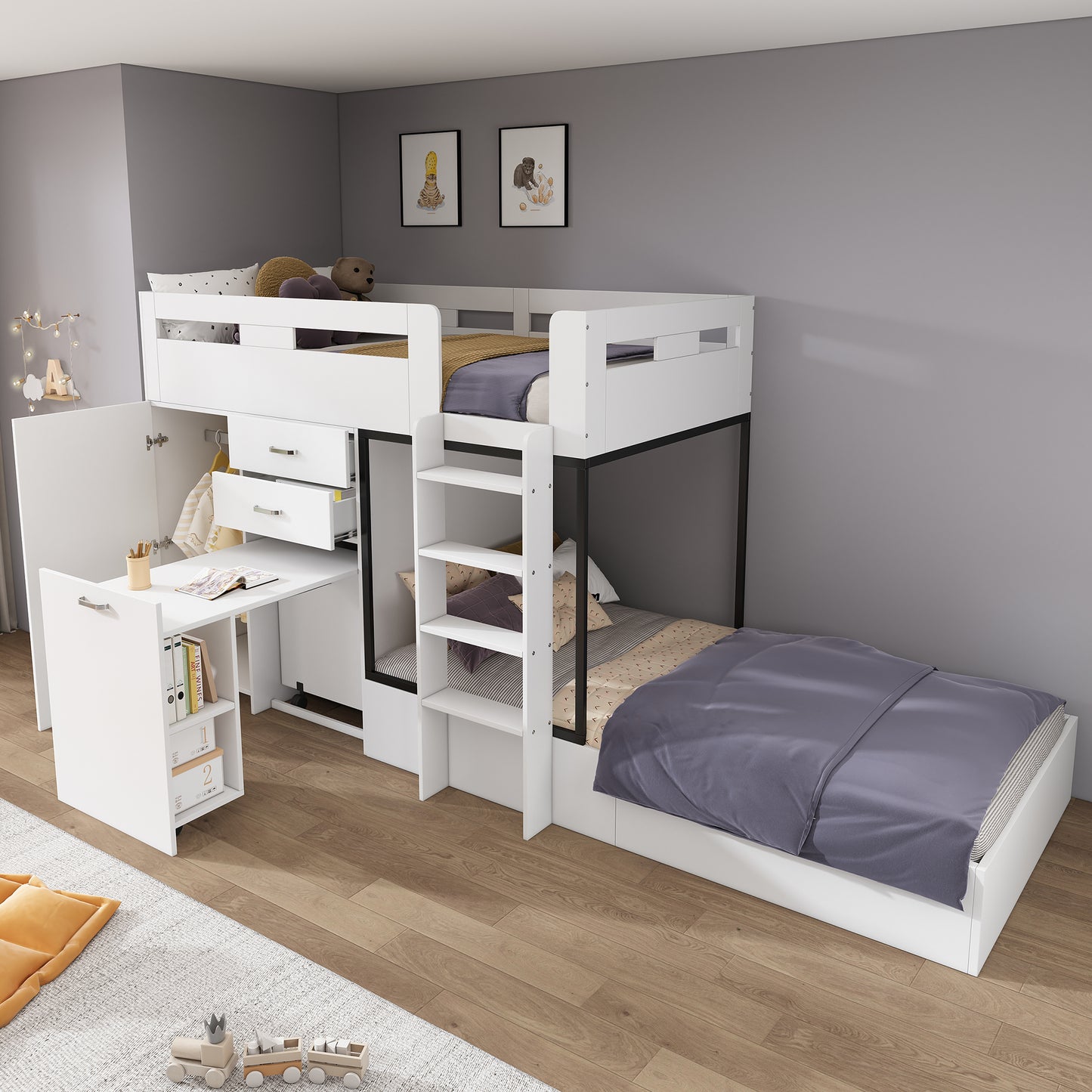 Gigab2b original image - Etagenbett mit Ausziehbarer Schreibtisch und Garderobe, Multifunktionales Kinderbett, Kinderetagenbett, Mit Schublade & Regale & Leitern, Ohne Matratze, 90*200 cm, weiß(OLD SKU:3233289012AAW-1)