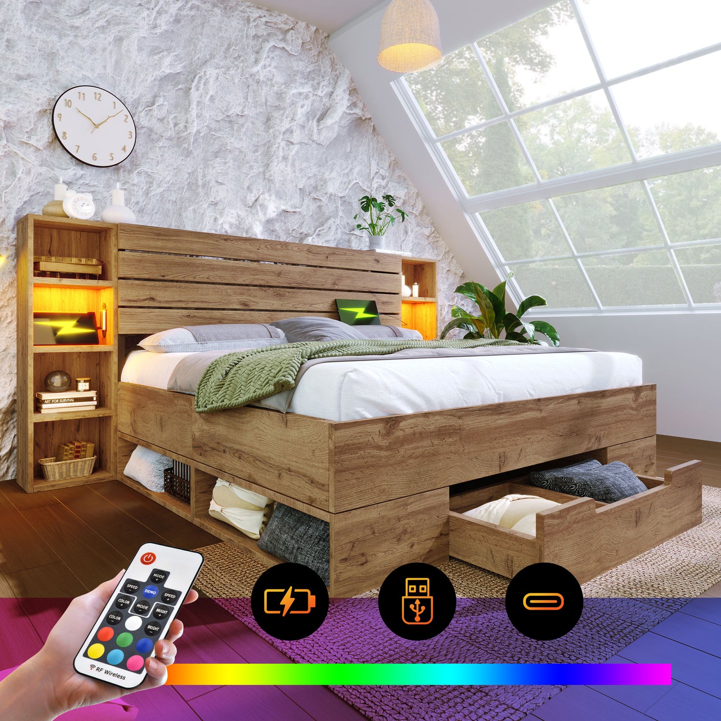 Gigab2b original image - Doppelbett Massivholzbett 180×200, Stauraumbett Bettanlage mit LED-Beleuchtung und USB C Stauraum-Kopfteil und Schubladen, Bettgestell Lattenrost aus holz, Eiche(Ohne Matratze)