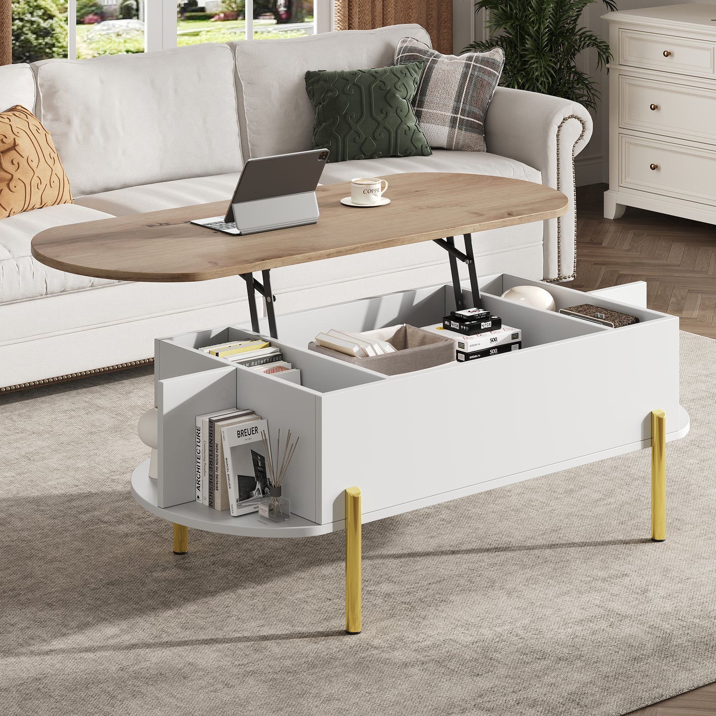 120*50*43cm Couchtisch Wohnzimmertisch Kaffeetisch mit Höhenverstellbarer Platte,Wohnzimmertische, Beistelltische, Sofatische mit verstecktem Stauraum,kaffetisch mit 7 Ablageflächen,Holzfarbe+Weiß