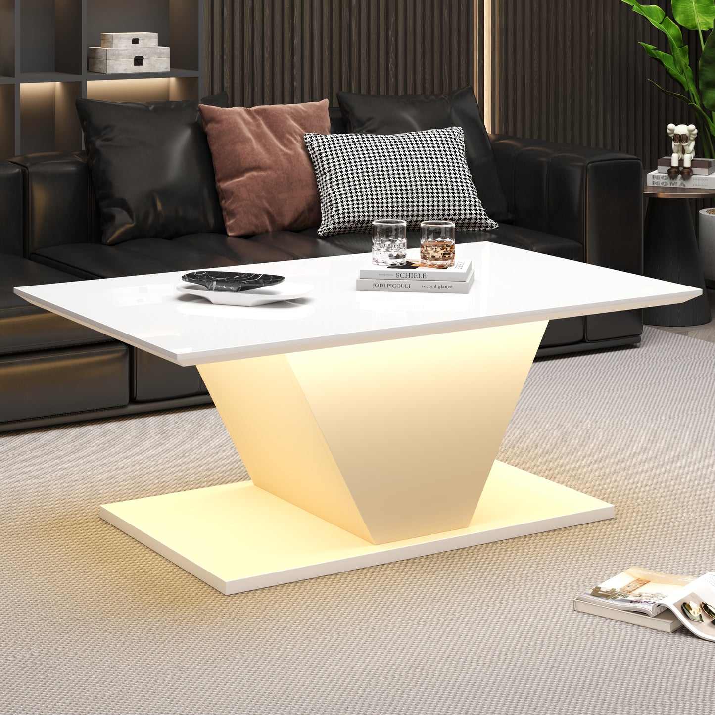 100*50*46cm Couchtisch Sonderform, Kaffeetish mit LED-Leuchten, hochglänzende Wohnzimmertisch, Sofatisch,Beistelltisch,geeignet für kleine Räum,Weiß,V-Form