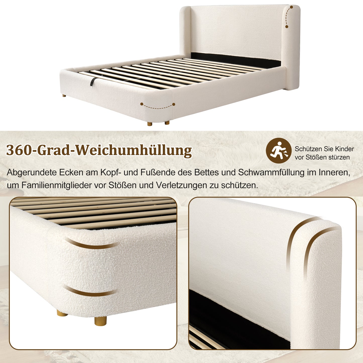 Polsterbett,Doppelbett,hydraulisches Funktionsbett,Bett mit Lattenrost, Kopfteil und großem Stauraum, gepolstertes Kopfteil, Beige Bouclé, 180 x 200