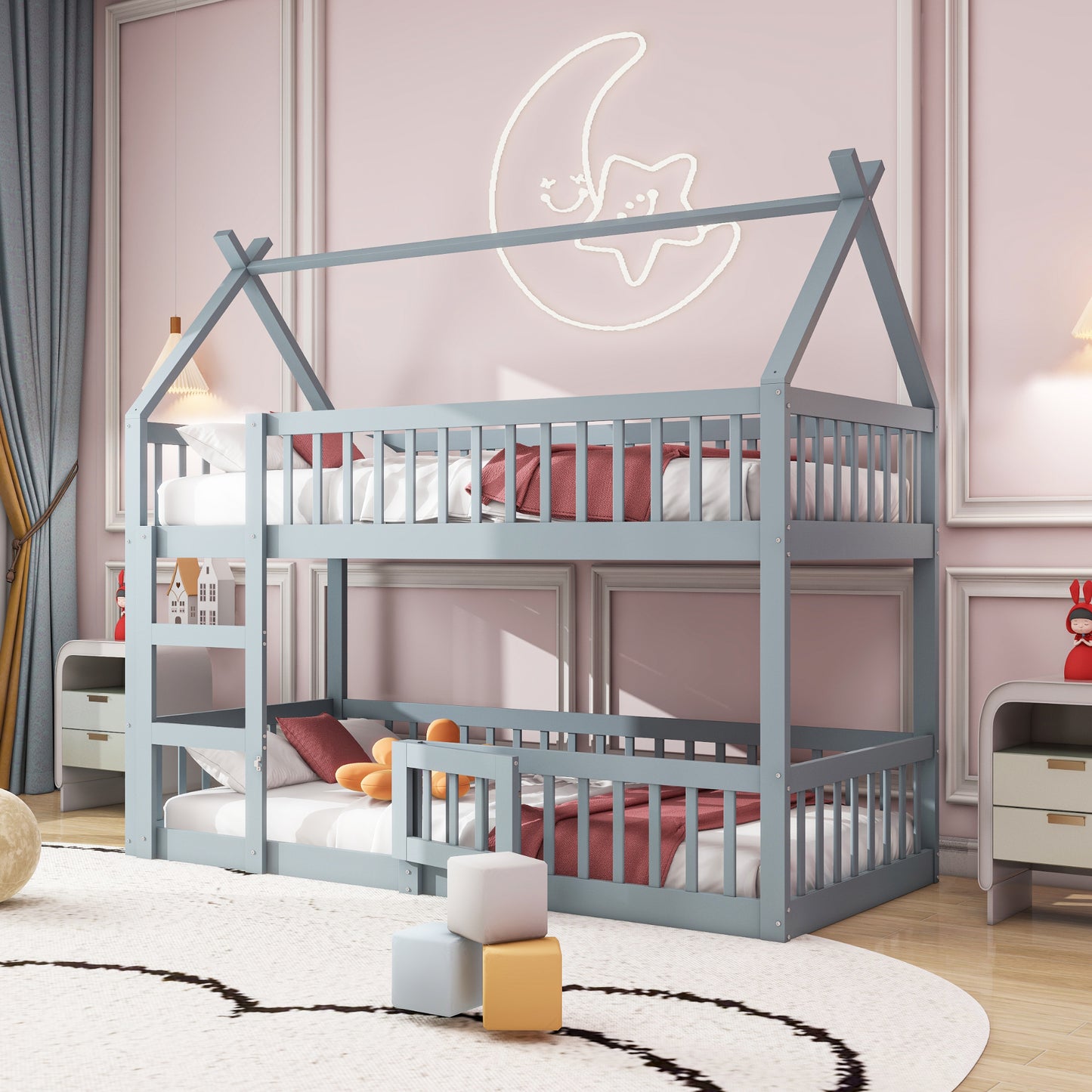 Gigab2b original image - Kinder-Etagenbett 90*200, Kinder-Familienbett, Etagenbett mit Treppe, Loft Design, Massivholz-Etagenbett-Rahmen, Grau