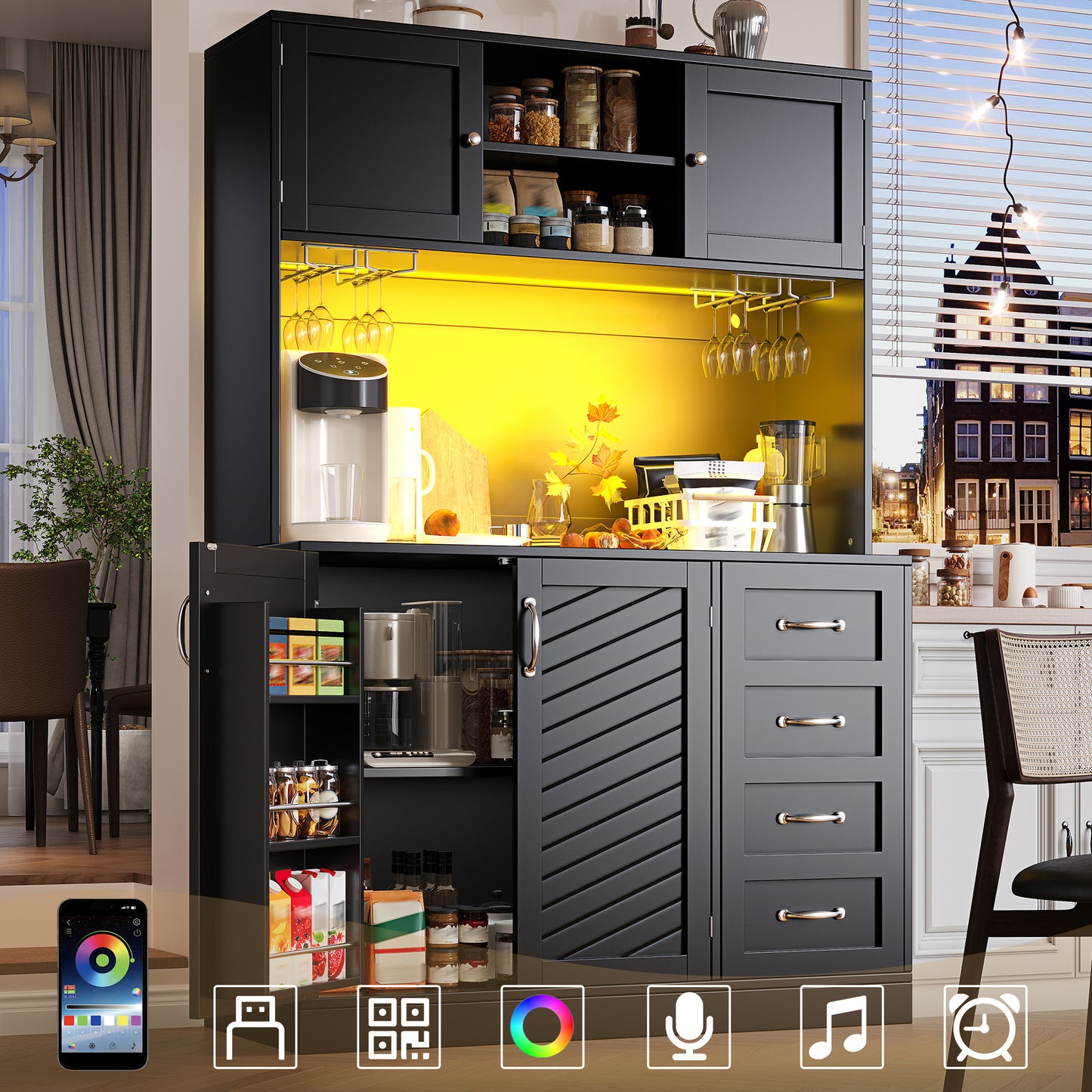 Gigab2b original image - Seitenboard / Aufbewahrungsschrank / Küchenschrank / Buffetschrank, 120x40x188cm, mit LED-Beleuchtung, Snackregal & Getränkehaltern, 4 Türen & 2 große Schubladen, Grün/Schwarz/Weiß