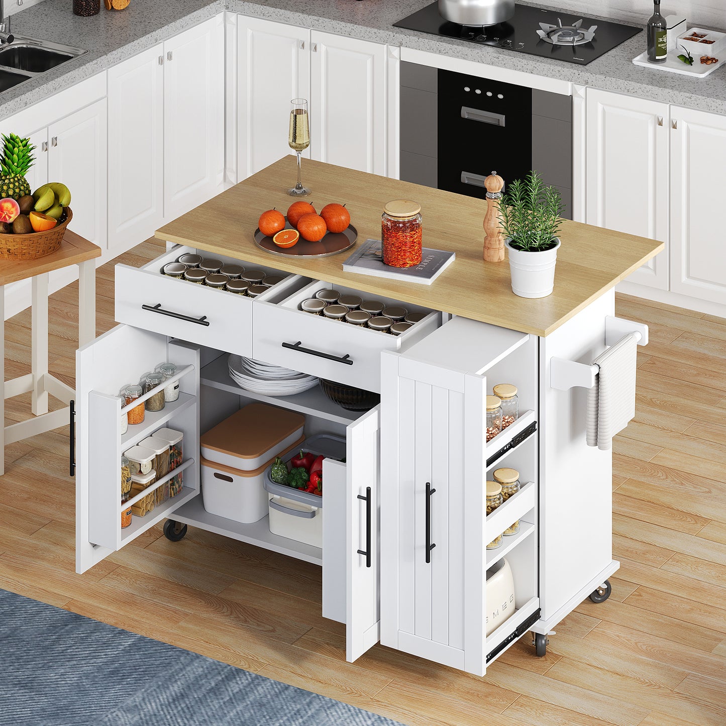 Gigab2b original image - Kücheninsel mit Drop Leaf, Storage Cart mit 3 Tier Pull Out Cabinet Organizer, Internal Storage Rack, Rolling Cart auf Rädern mit Handtuchhalter & 2 Schubladen für Esszimmer, Weiß