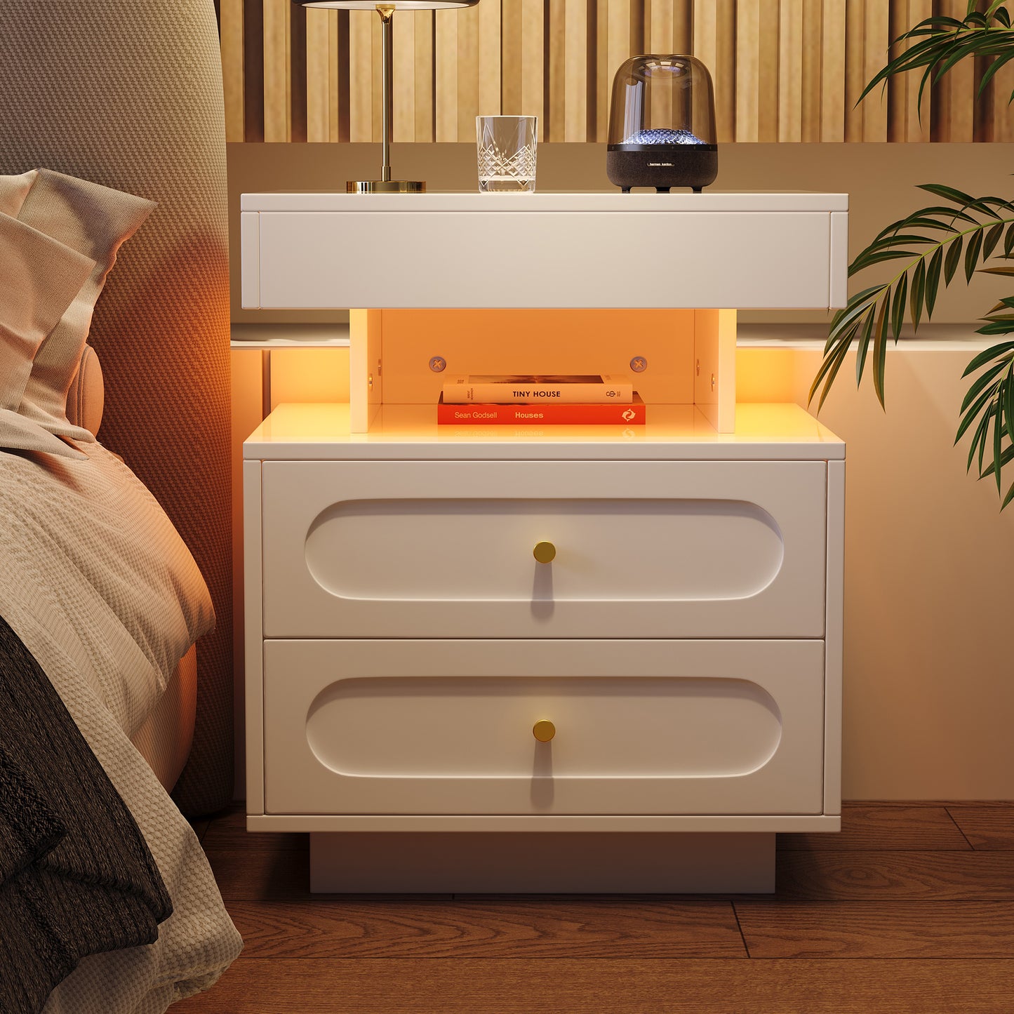 Gigab2b original image - Nachttisch Nachtschrank mit LED-Beleuchtung Nachtkommode mit 2 Schubladen, 1 offener Lagerraum,Weiß, B50/T40/H60 cm