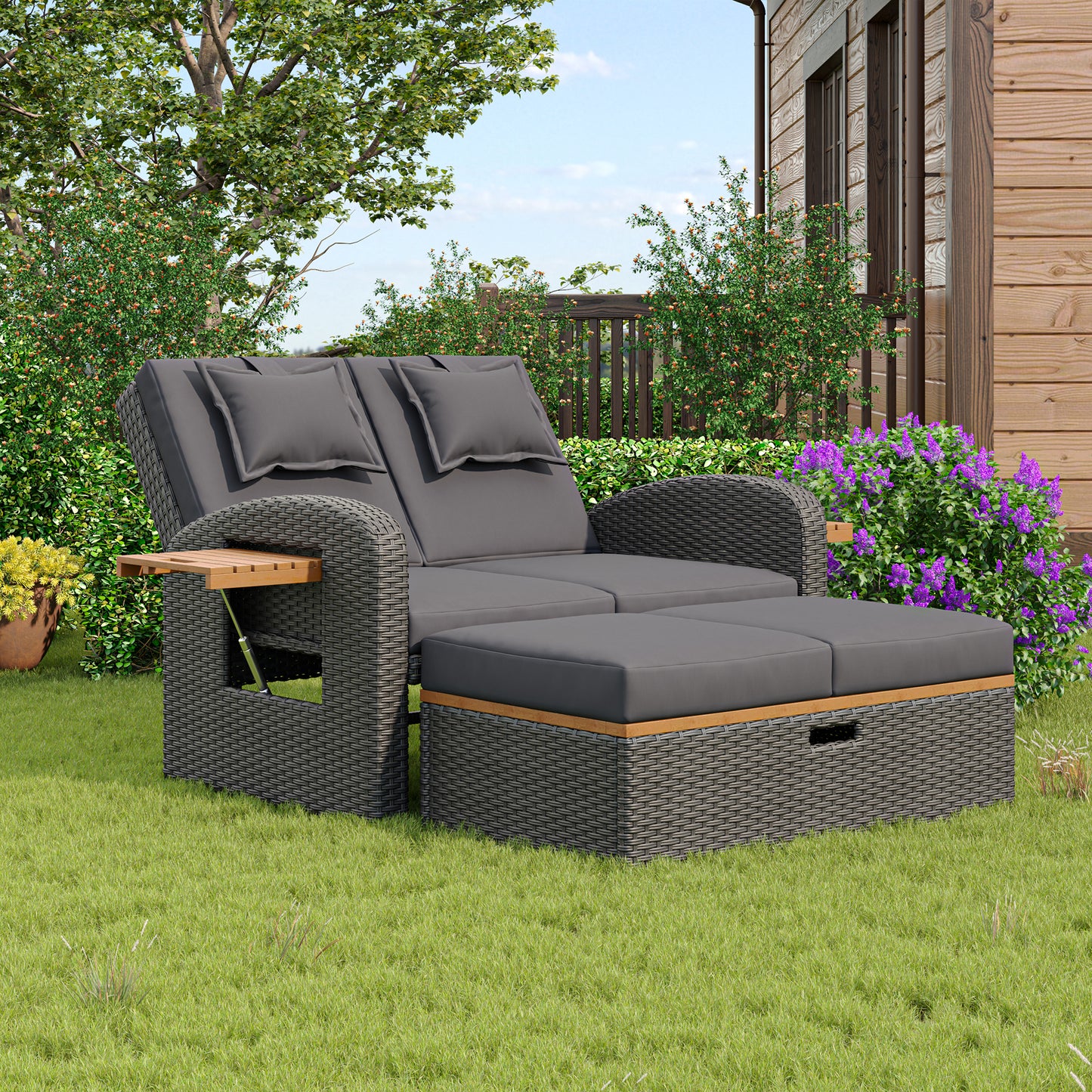 Gigab2b original image - Garten-Lounge-Sessel-Set für 2 Personen, graues Rattan, verstellbare Rückenlehne, Stützfuß, mit Fußhocker oder als Outdoor-Bett nutzbar, mit Rückenkissen und Sitzkissen (previous sku:HW24020AAA)