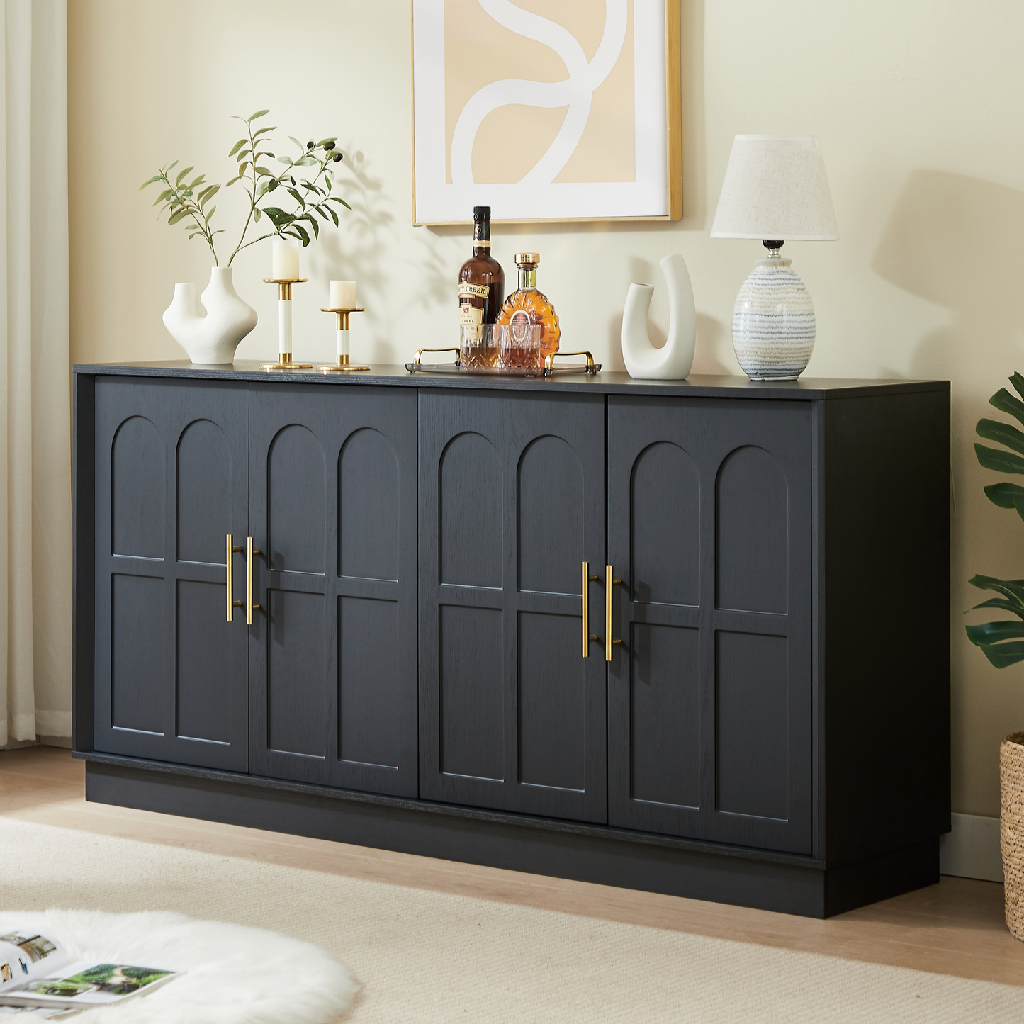 Gigab2b original image - Extra großes Sideboard mit Stauraum, moderne Vitrine mit gewölbter Front, 169 cm langer TV-Schrank, geeignet für Wohnzimmer/Küche/Esszimmer/Flur, schwarz,169*40*80cm