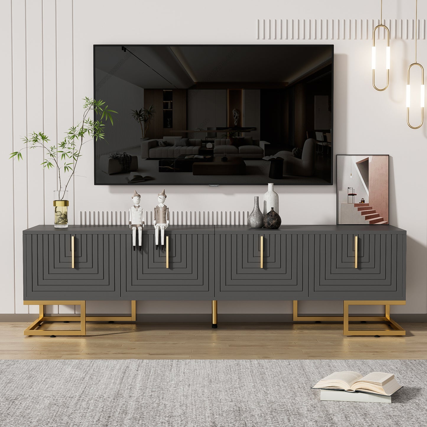 Gigab2b original image - TV-Schrank,lowboard mit strukturierter Tür, TV-Möbel, goldenen Griffen und goldenen Füßen.