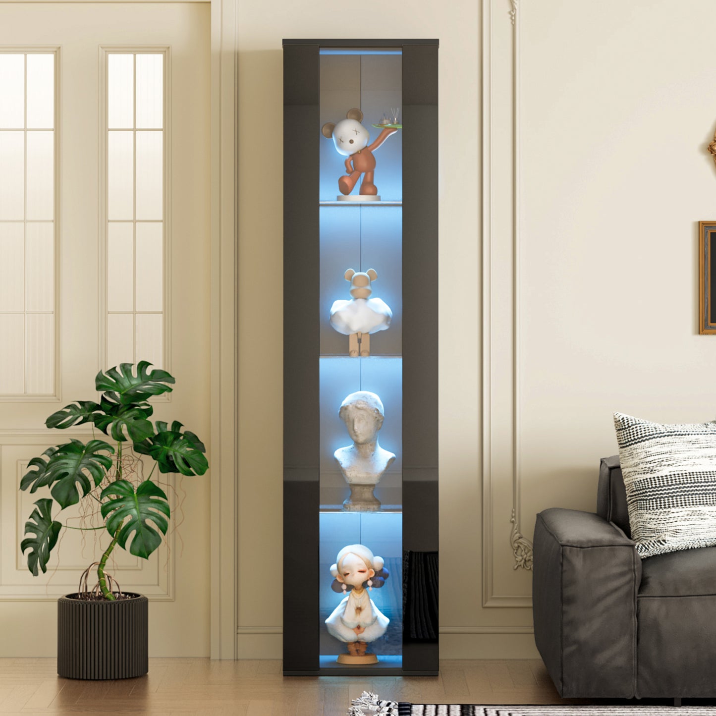 40 x 29 x 170 cm, multifunktionale Vitrine, Glastrennwand, LED-Farbwechsellicht, App-Einstellung, Acrylplatte, schlichtes Design, Schwarz