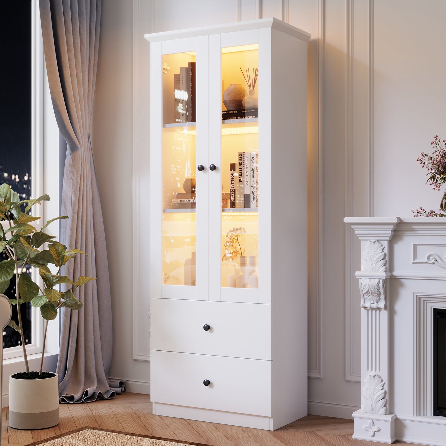 Gigab2b original image - Moderne LED-Vitrine weiß matt 165 cm hoch mit USB-Anschluss, 16-Farben-Fernbedienung, Glasvitrine mit 2 Schubladen, Vertikalvitrine mit verstellbaren Fachböden, Vitrine mit Flügeltüren, MDF-Wohnzimmer