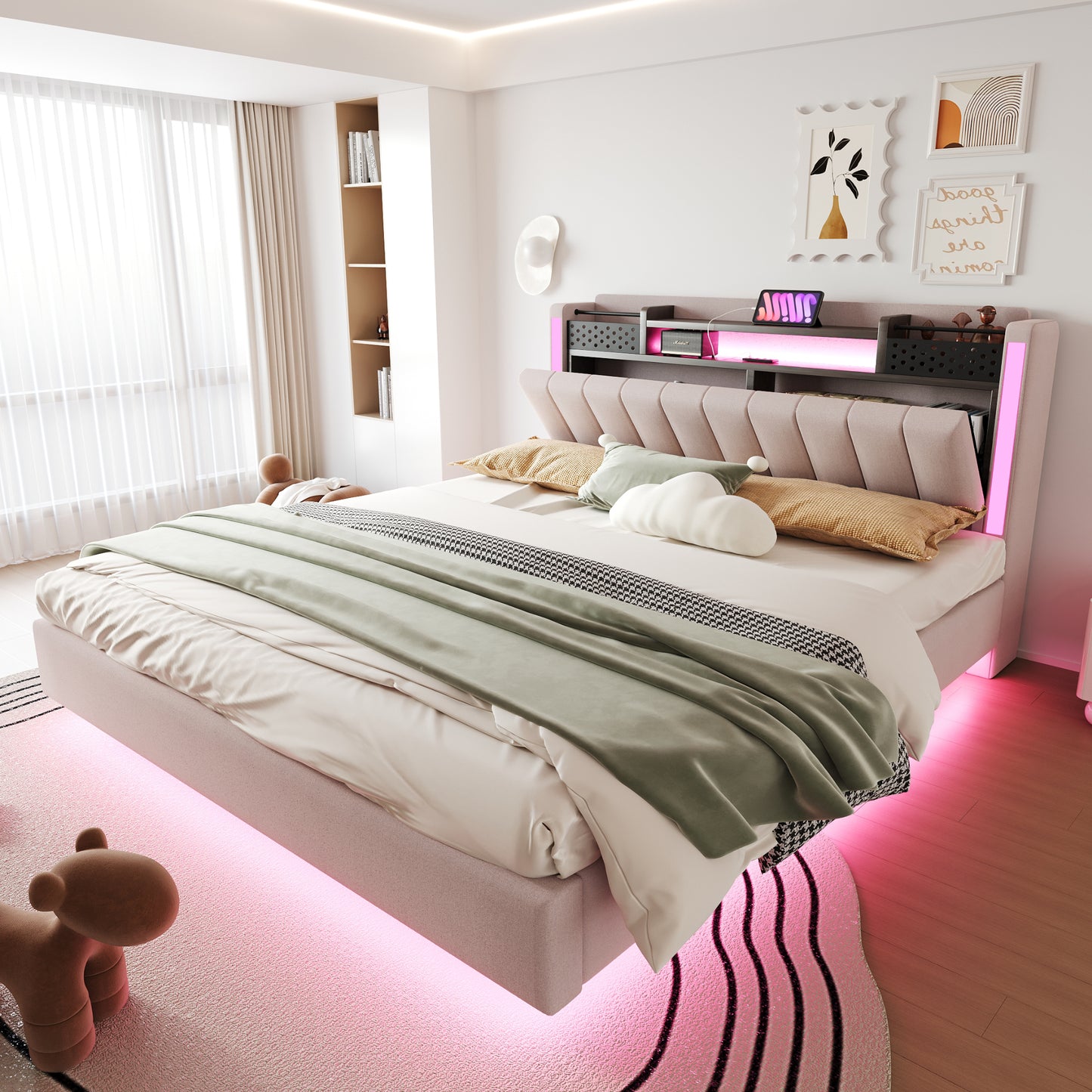 Gigab2b original image - Polsterbett 160*200 mit LED-Beleuchtung und USB-Steckdose, Kopfteil mit Stauraum, Schwebebett Jugendbett Erwachsenenbett, Leinenstoff, Beige