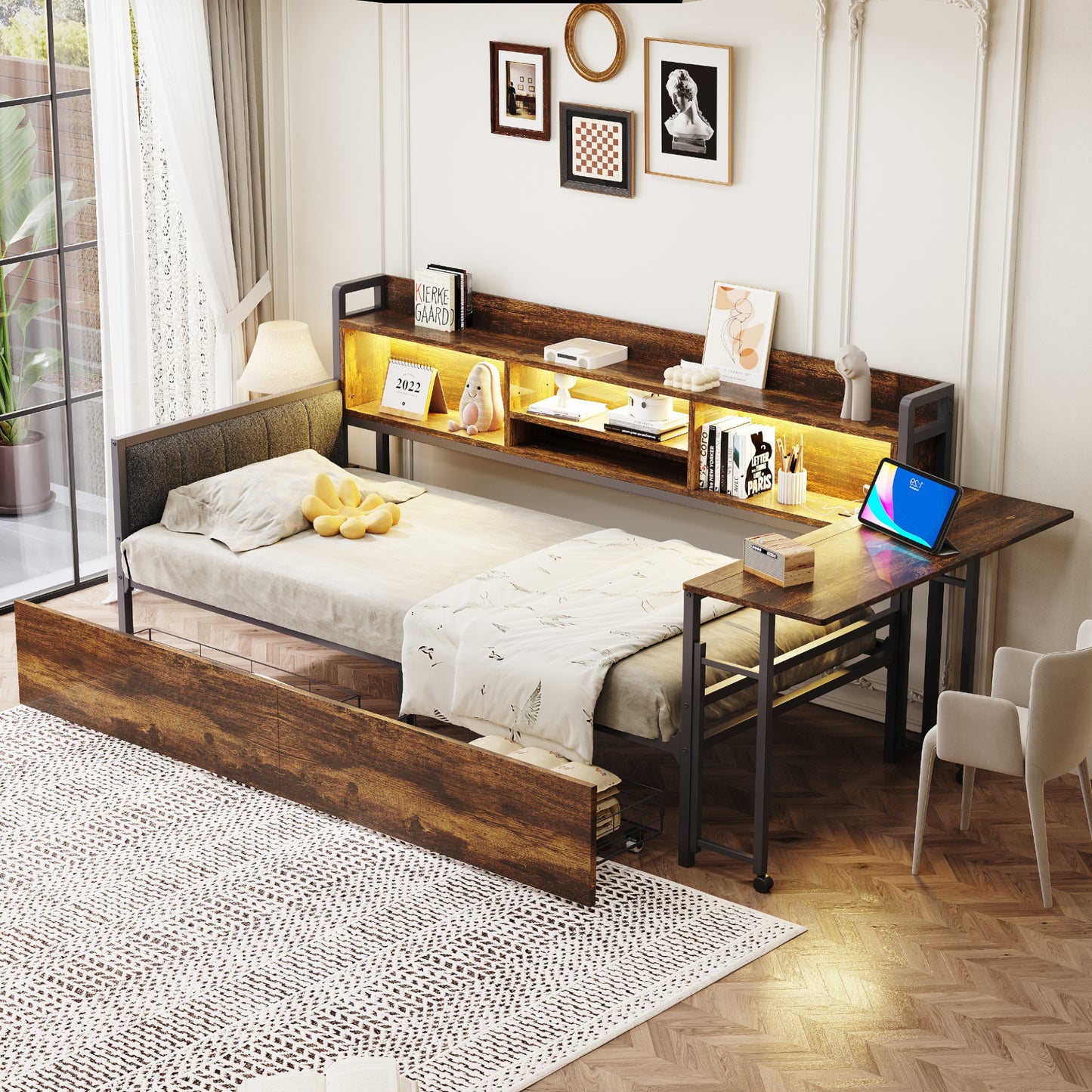 Gigab2b original image - Eisen Sofabett 90 x 200 cm, mit LED-Beleuchtung und Stauraum, mit Schubladen und multifunktionaler Steckdose, Wusklappbarem Schreibtisch, Weicher Rückenlehne, Einzelbett, Holzfarbe