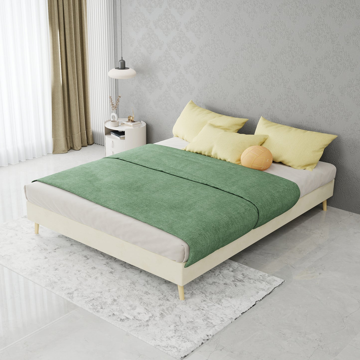 Gigab2b original image - Modern Minimalist Bed Frame, 140x200 cm, Beige, Dutch Velvet Fabric, Low-Profile Base, Modern Style Bedroom Furniture. Excludes Gas Lift Mechanism, Headboard, and Mattress.