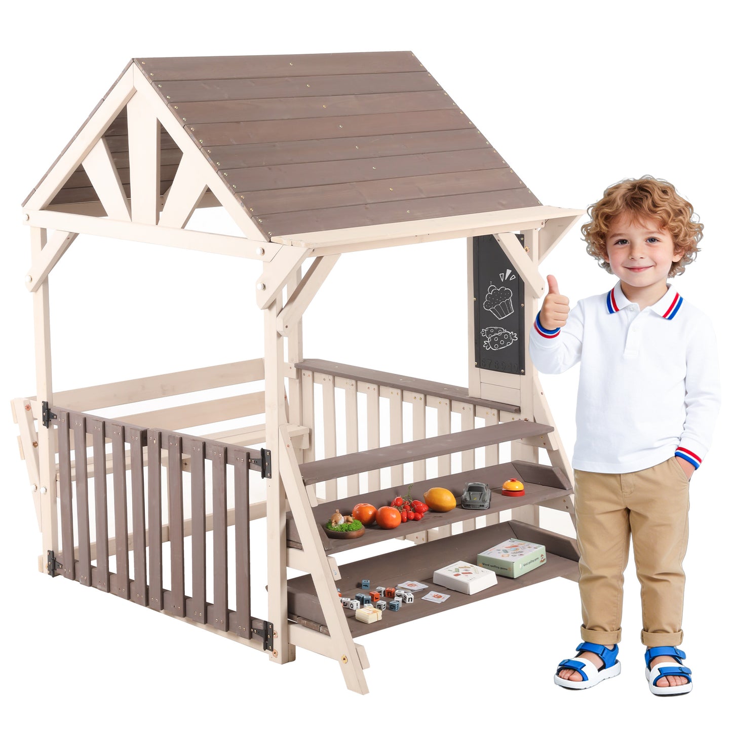 Gigab2b original image - Hausförmiges Outdoor-Küchenspielset aus Holz mit regensicherem Dach und halbhohen Geländern, mit einem Mehrzweck-Pflanzen- und Spielzeugregal, Geeignet für Kinder ab 3 Jahren, Outdoor-Spielhaus (Grau)
