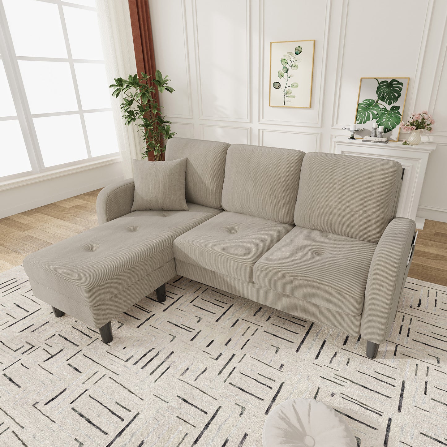 166 x 118 x 77 cm,L-förmiges Ecksofa mit Chaiselongue – 3-Sitzer Sofa, Cordstoff, Kunststoffbeine, Modulares Design, Ideal für Wohnzimmer, Apartments und Büros