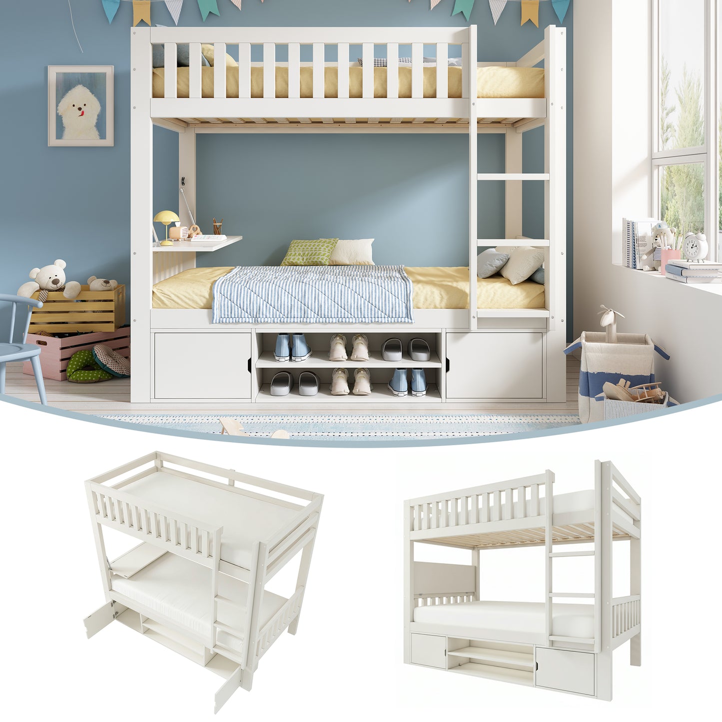Gigab2b original image - Weißes Kinder Hochbett 90×200 cm mit klappbarer Tischplatte und integriertem Schuhregal, Lattenrost, platzsparende All‑in‑One Lösung, EN 747 geprüft, ohne Matratze