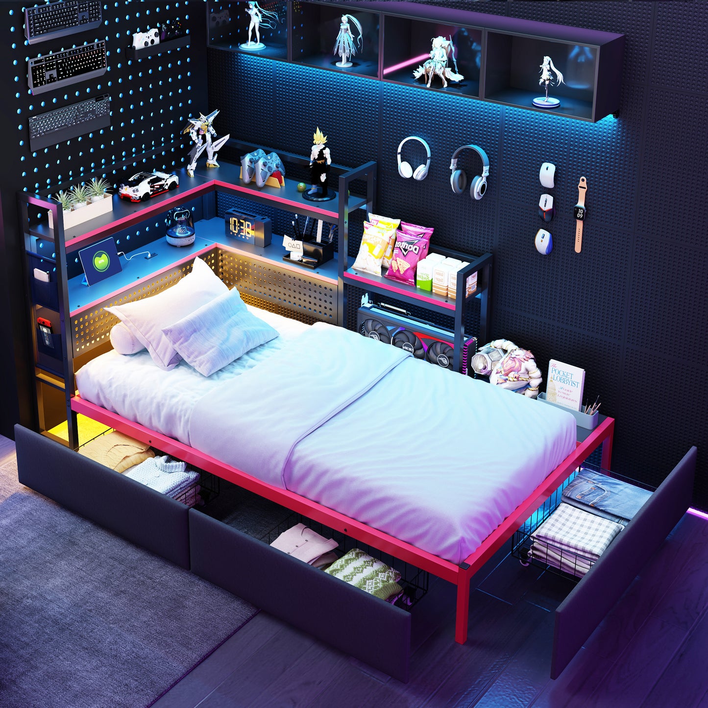 Gigab2b original image - Metallbettgestell im Gaming-Stil mit 3 Schubladen, LED-Beleuchtung, USB-Anschlüssen, Lochwand und Seitenregalen – Robustes Plattformbett mit cleverem Stauraum für Teenager- und Erwachsenenzimmer