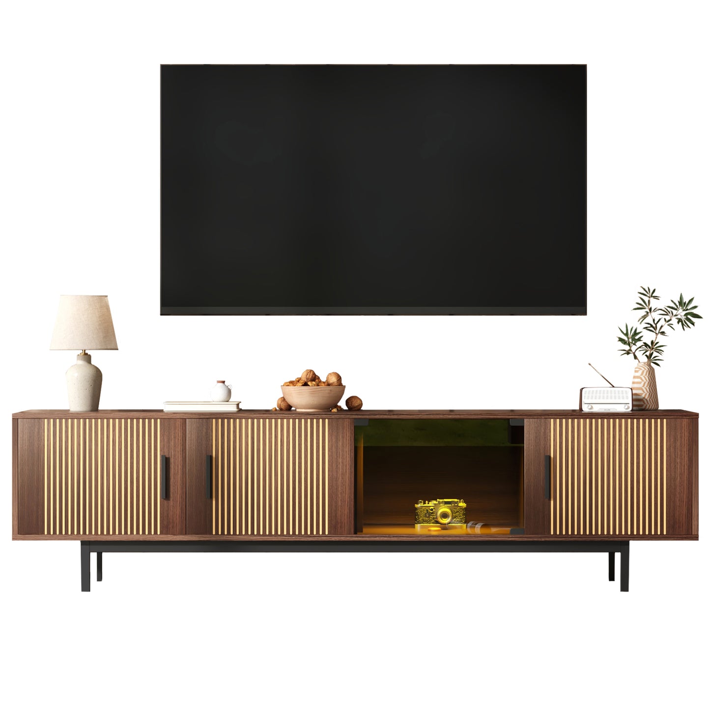 Gigab2b original image - TV-Schrank, lowboard mit geschnitzter Textur, TV-Möbel mit LED-Lichtleiste und Tür aus gehärtetem Glas.