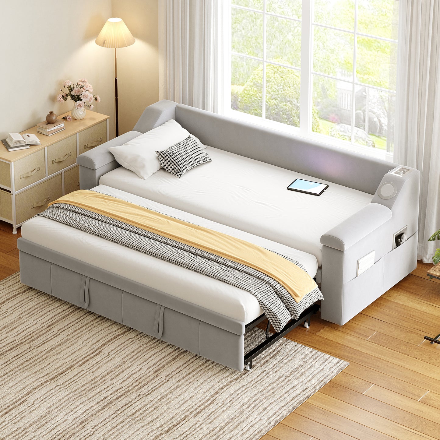 Gigab2b original image - Polsterbett Schlafsofa, 90/180*190 cm, Armlehnen Breiter und Dicker, Mit Smart Bluetooth-Stereoanlage Mit USB-Ladeanschluss, Mit Ablagefächern, Mit Lattenrost, Samtstoff, Hellgrau